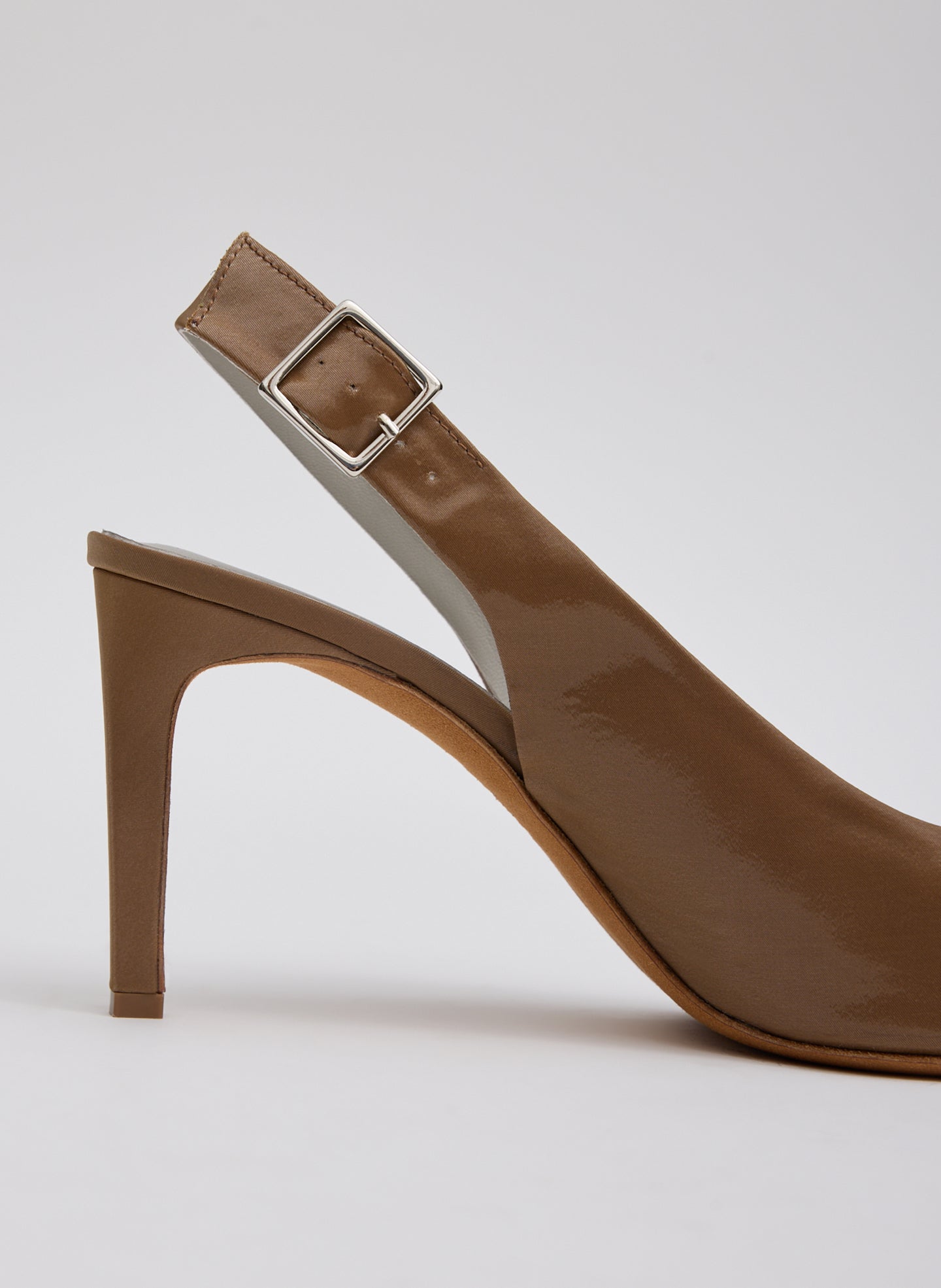 Brown Silk Reyner Pump - closeup of buckle detail at strap