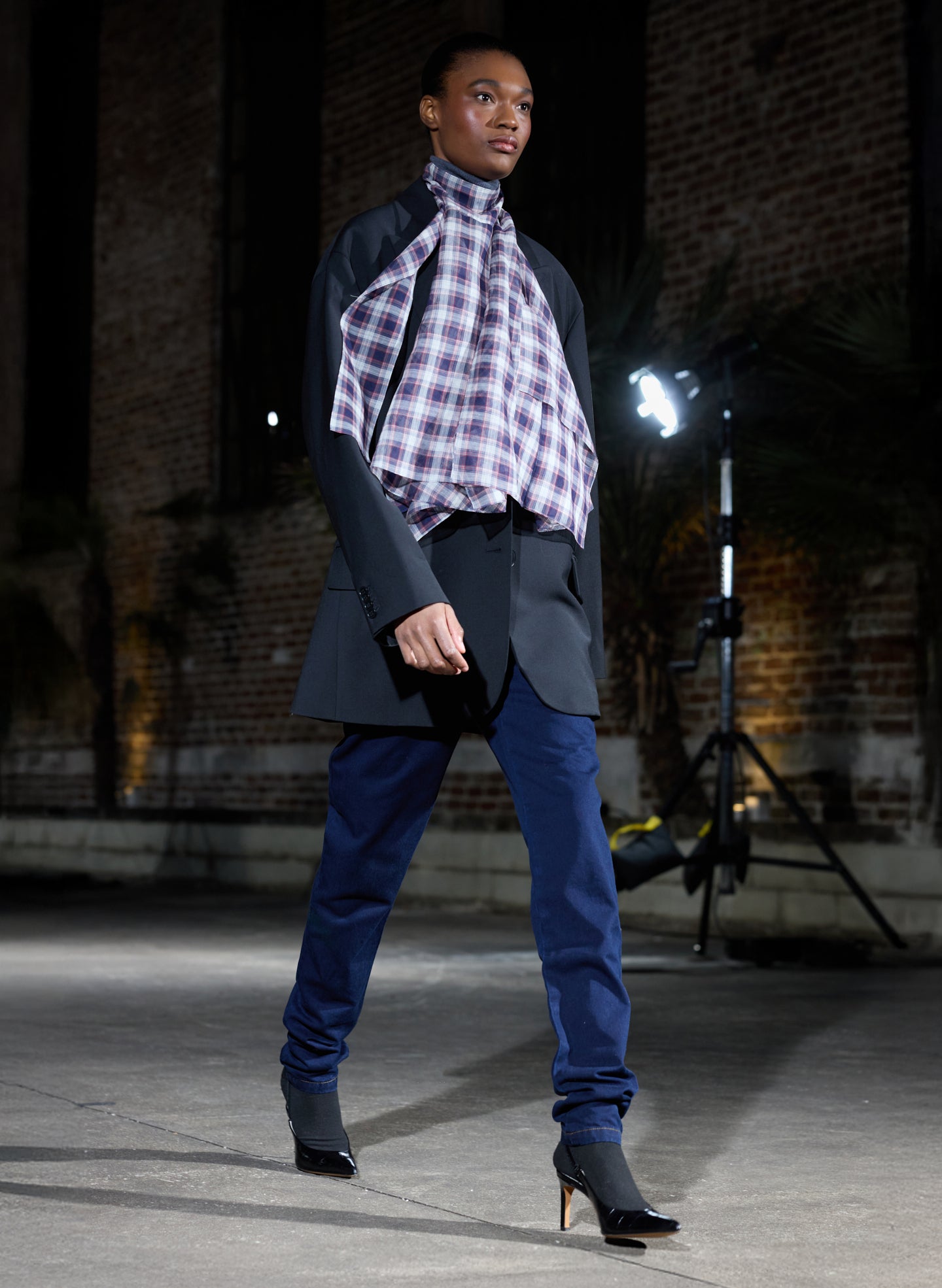 Black and Red Silk Cotton Plaid Cape Tie Top - editorial image on model
