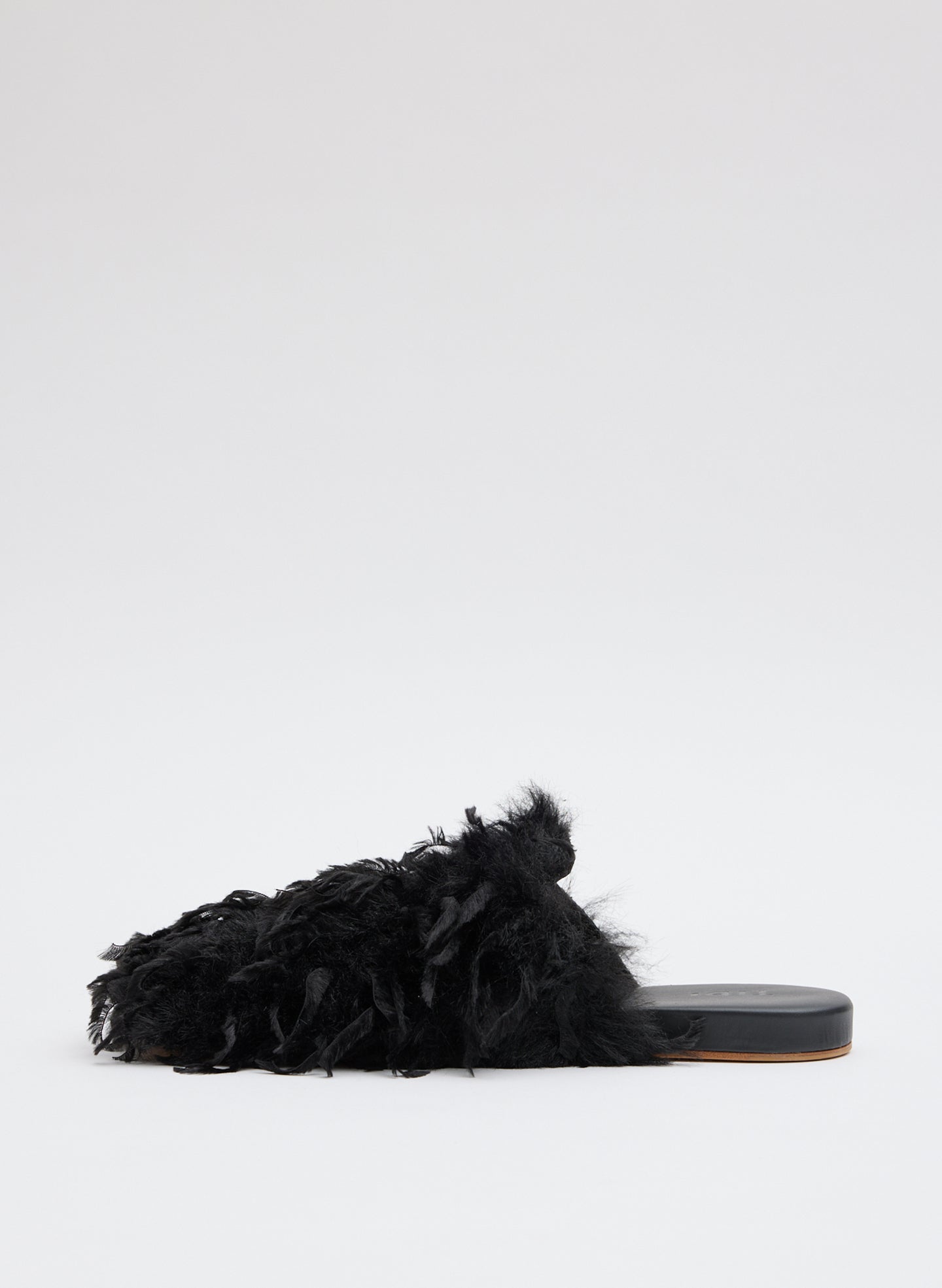Faux Feather Granger Slide - Black Faux Feather Granger Slide - feathered slide, side view 