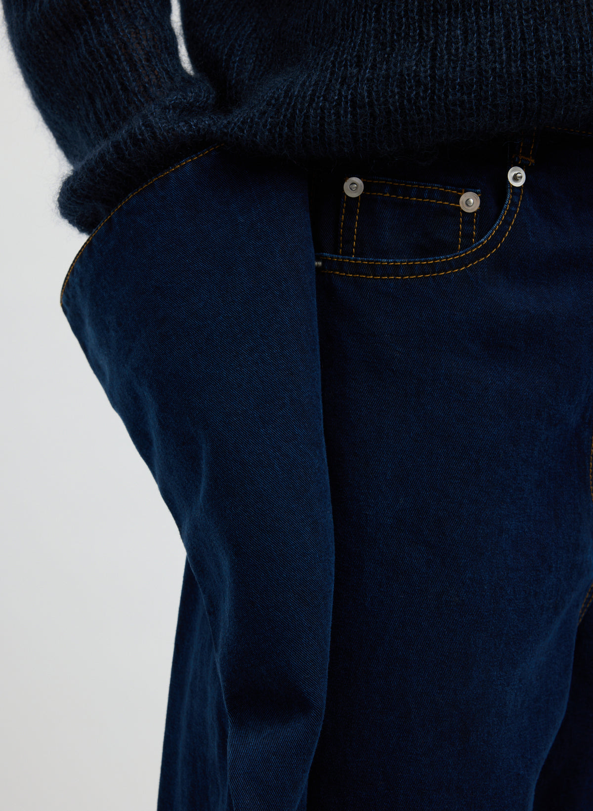 Indigo Tencel Cotton Denim Aleda Jean - closeup of side flap detail