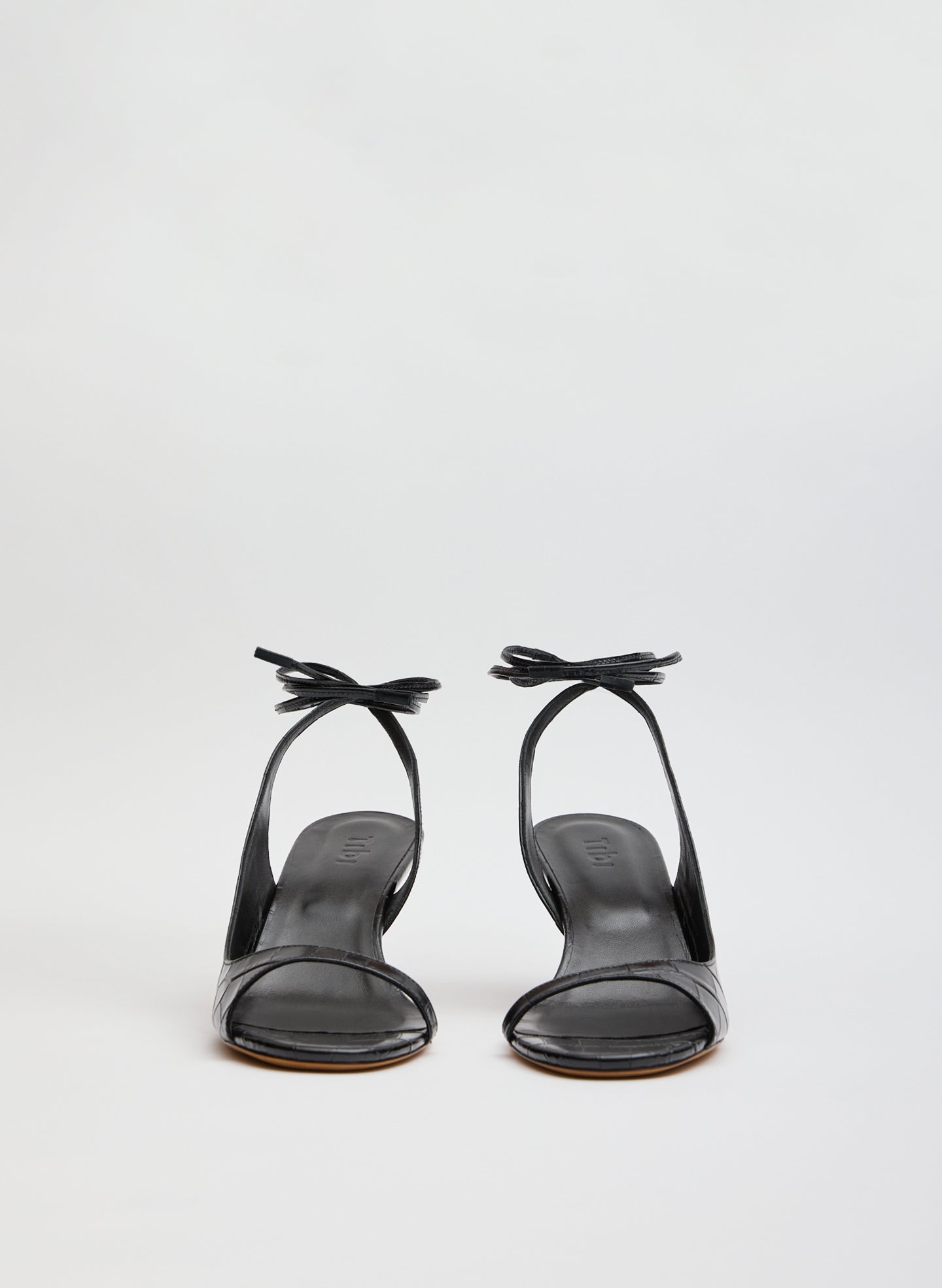Black Crocodile Embossed Leather Open Toe Heel - front view