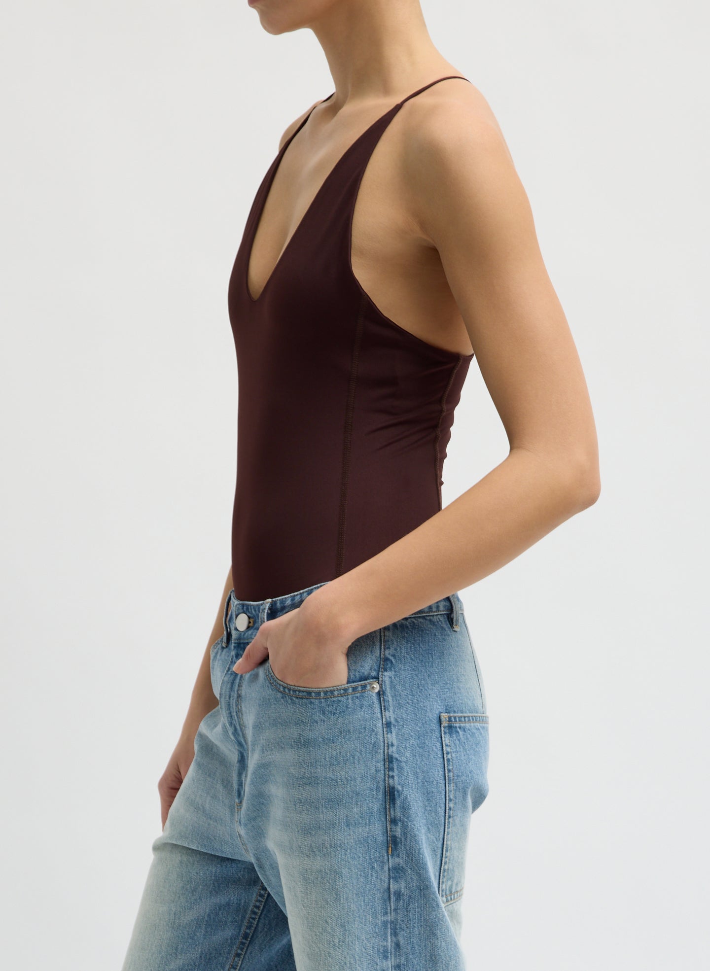 Burnt Brown Stretch Lightweight Tech Knit Strappy Racerback Tank Top - side view on model