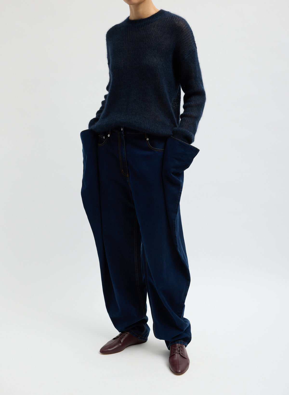 Indigo Tencel Cotton Denim Aleda Jean - barrel leg jean, front view on model