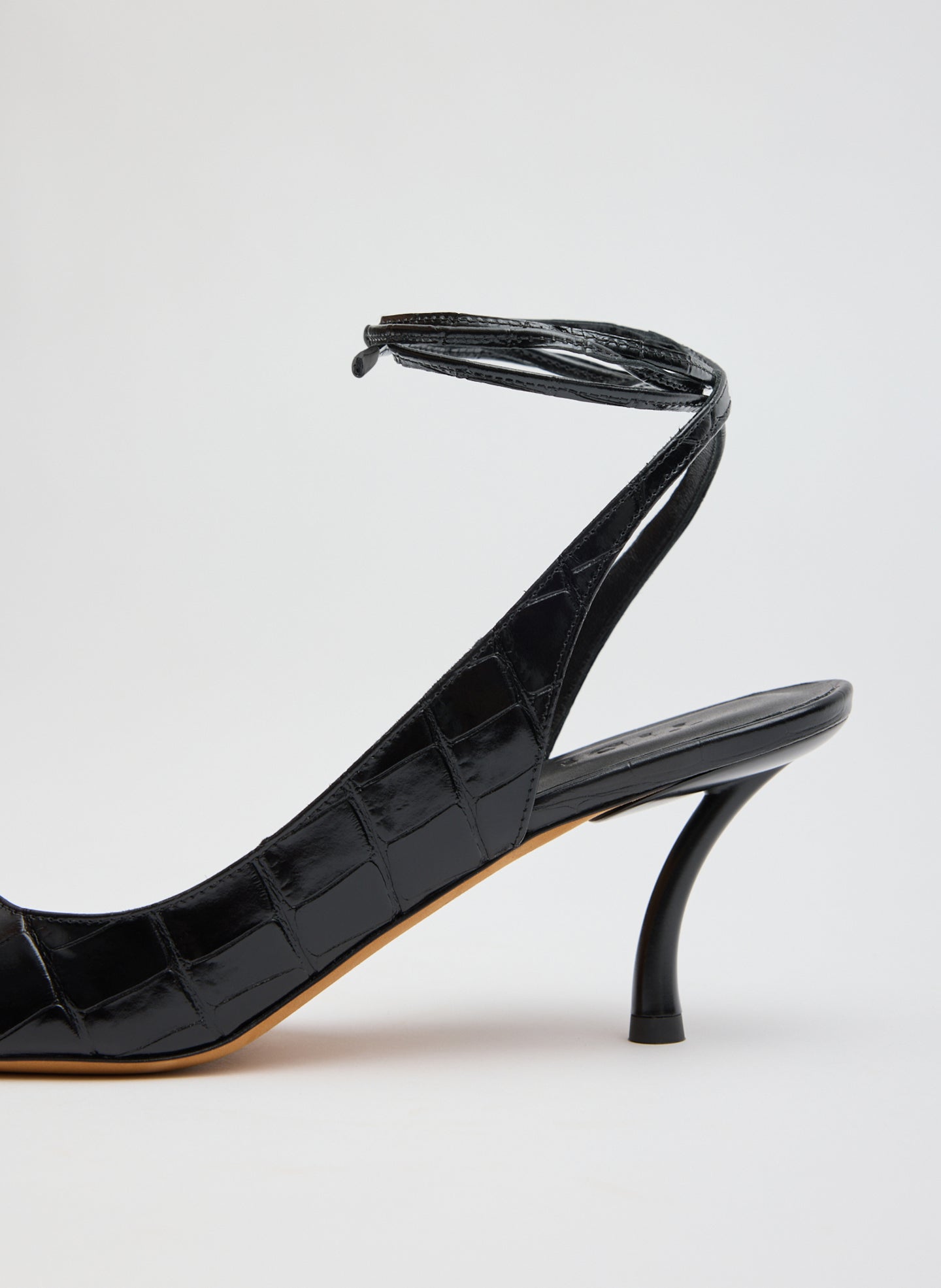 Black Crocodile Embossed Leather Open Toe Heel - detail shot