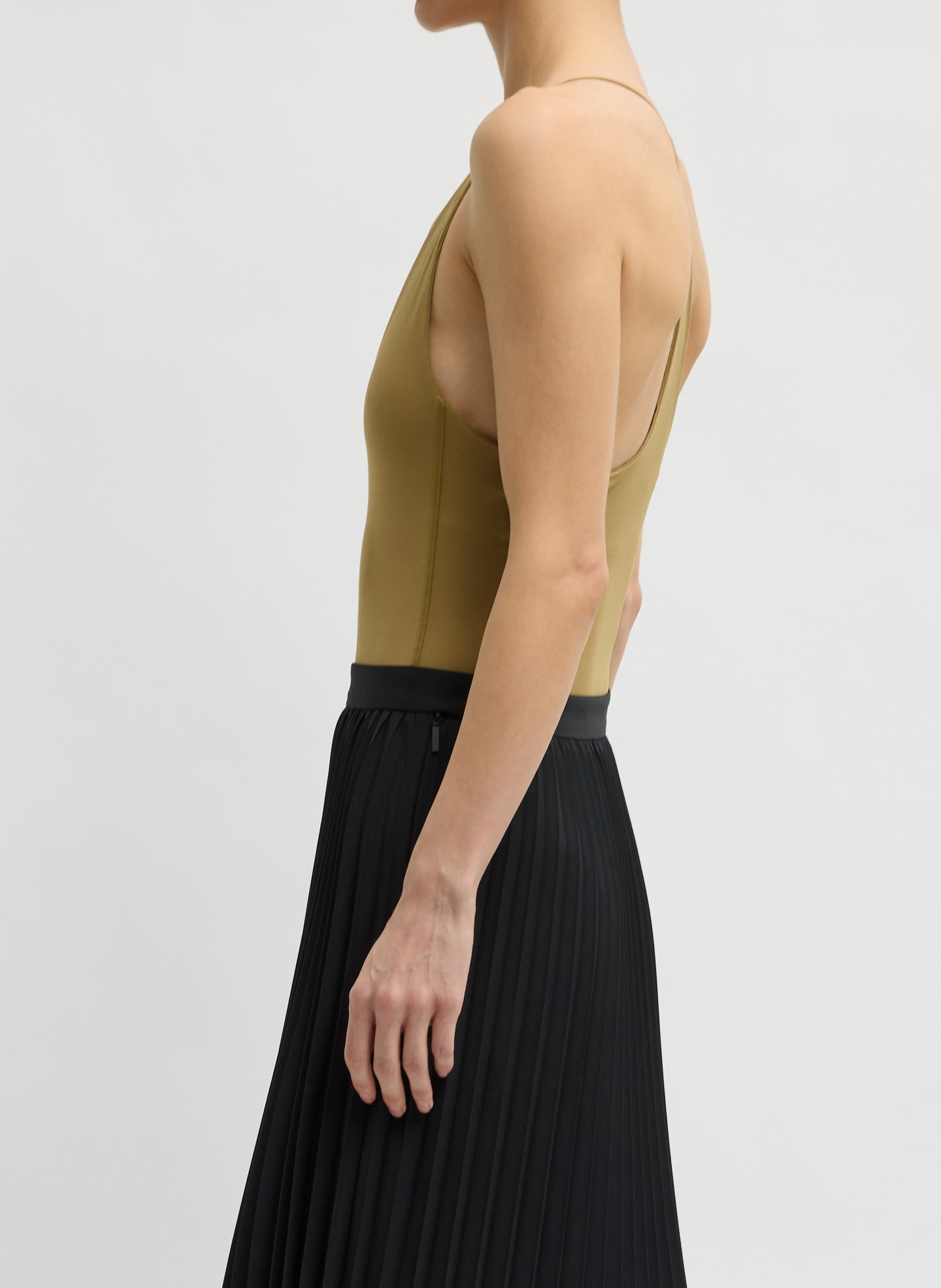 Tan Stretch Lightweight Tech Knit Strappy Racerback Tank Top - side view on model