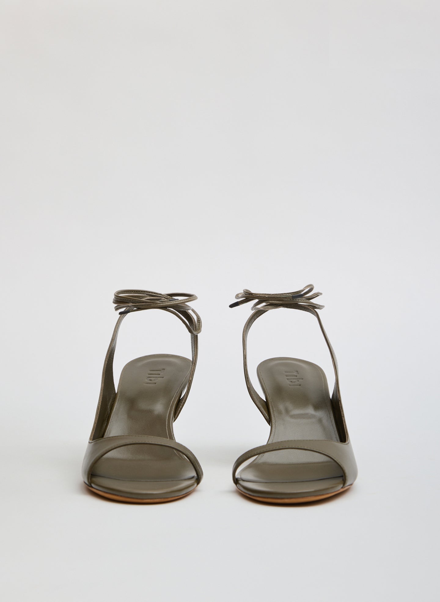 Olive Grey Leather Open Toe Harrington Heel - front view