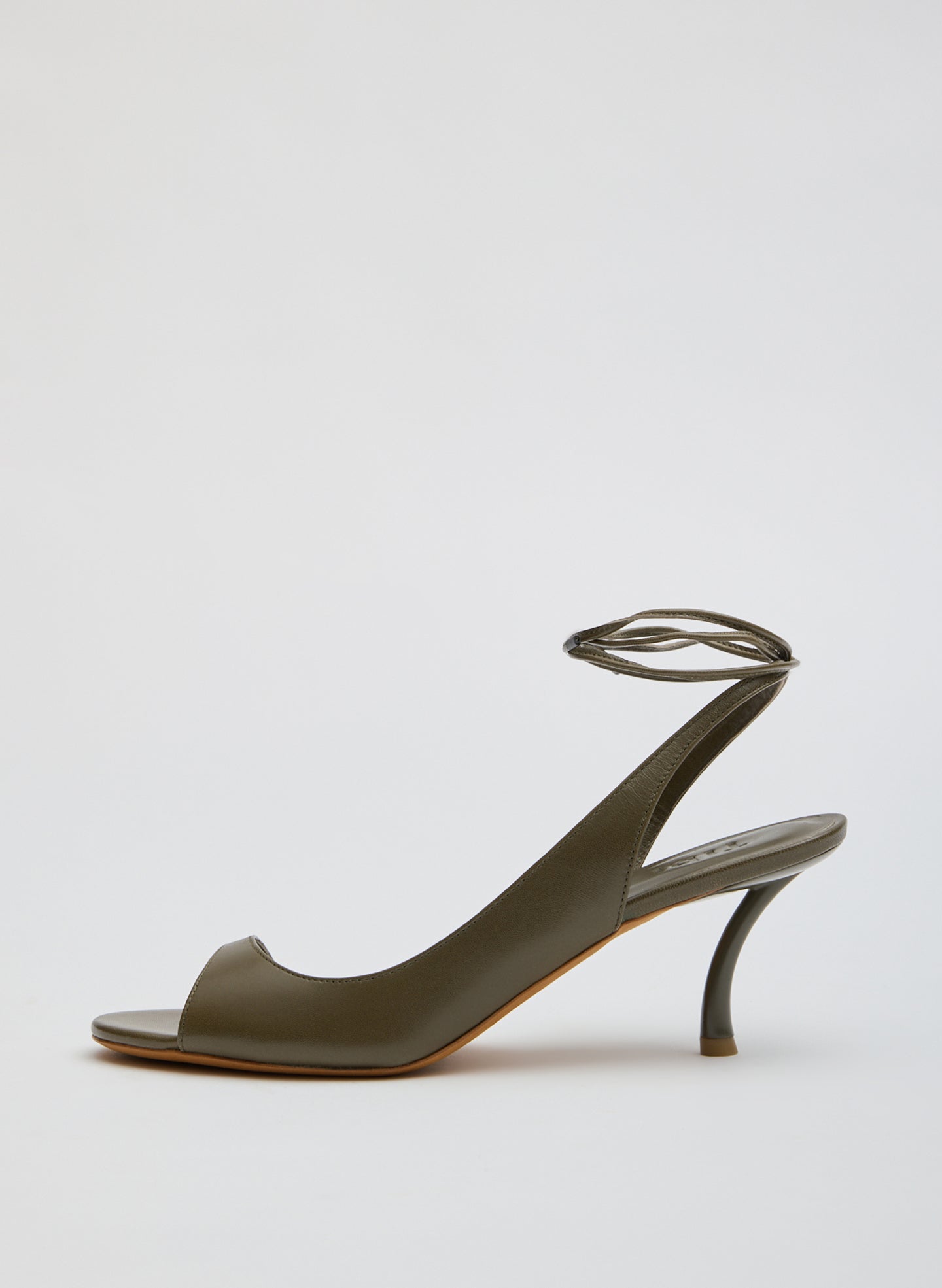 Harrington Heel - Olive Grey Leather Open Toe Harrington Heel - side view