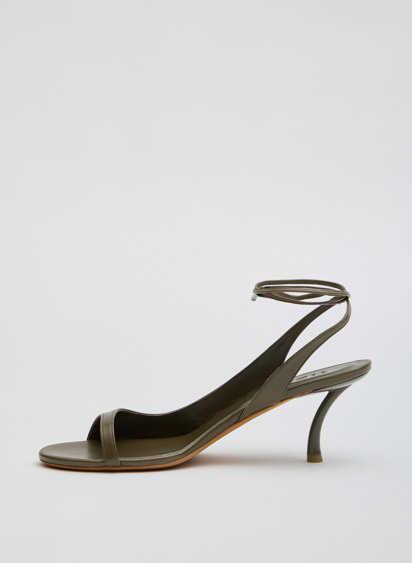 Olive Grey Leather Open Toe Harrington Heel - side view