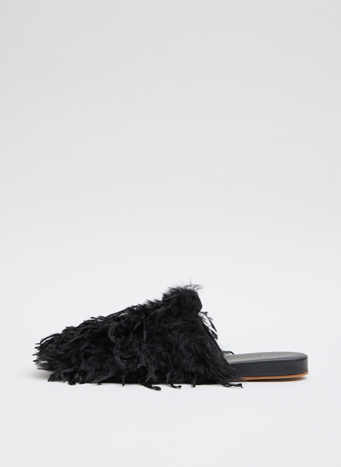 Black Faux Feather Granger Slide - feathered slide, side view 