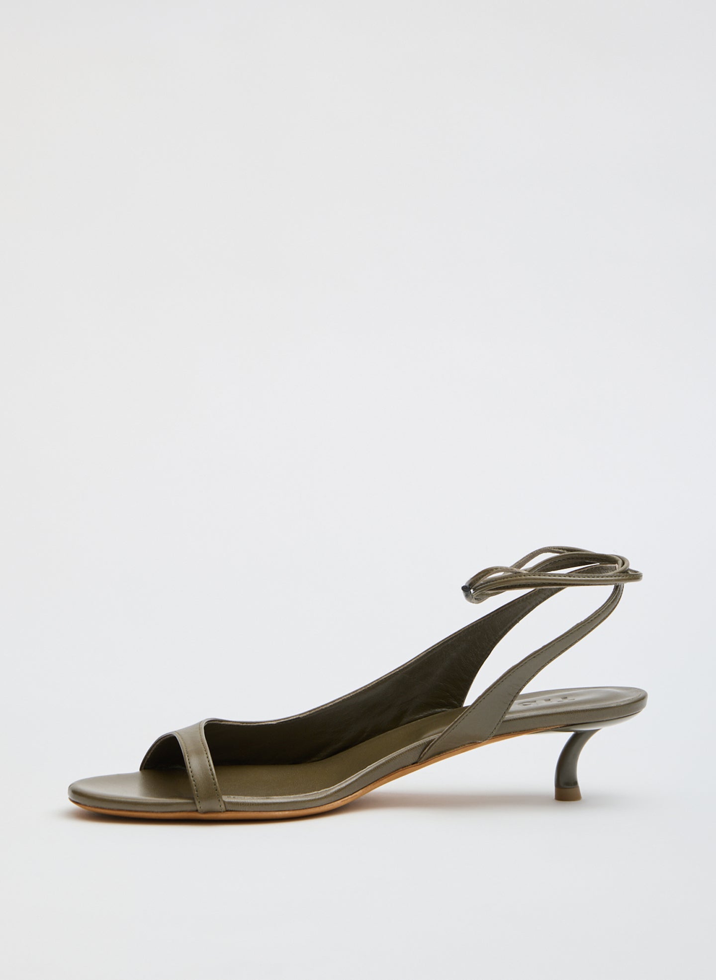 Olive Grey Leather Open Toe Keating Heel - side view