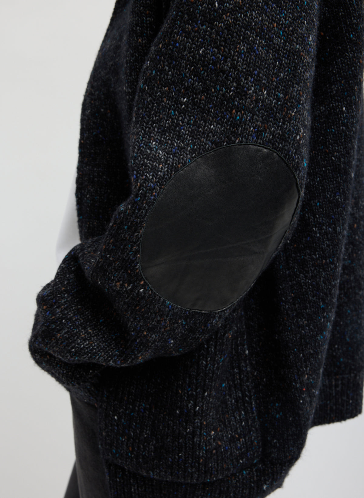 Black Multi Speckled Tweed Zip Up Hoodie Jacket with Leather Patches - closeup of leather elbow patches