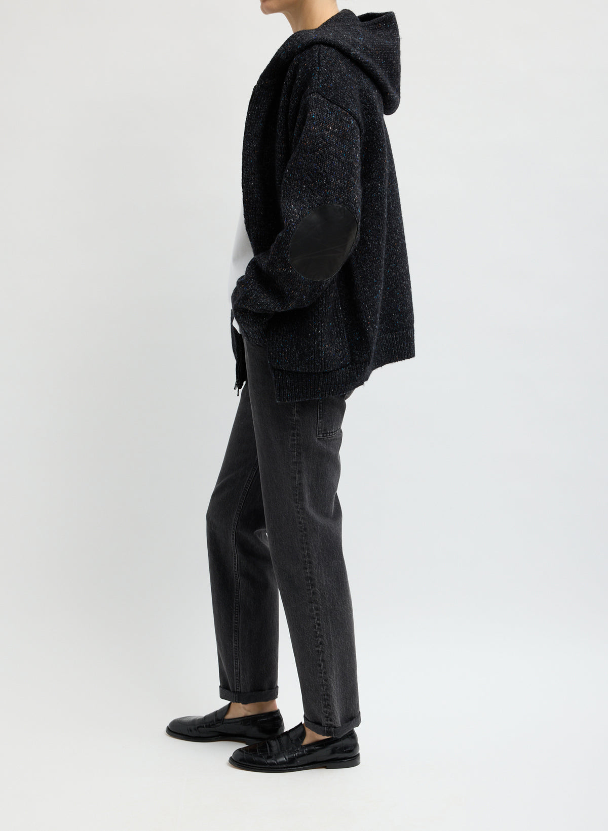 Black Multi Speckled Tweed Zip Up Hoodie Jacket with Leather Patches - side view on model
