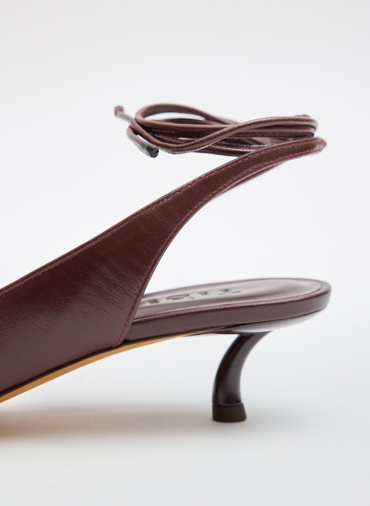 Burgundy Leather Keating open toe Heel - closeup of heel detail