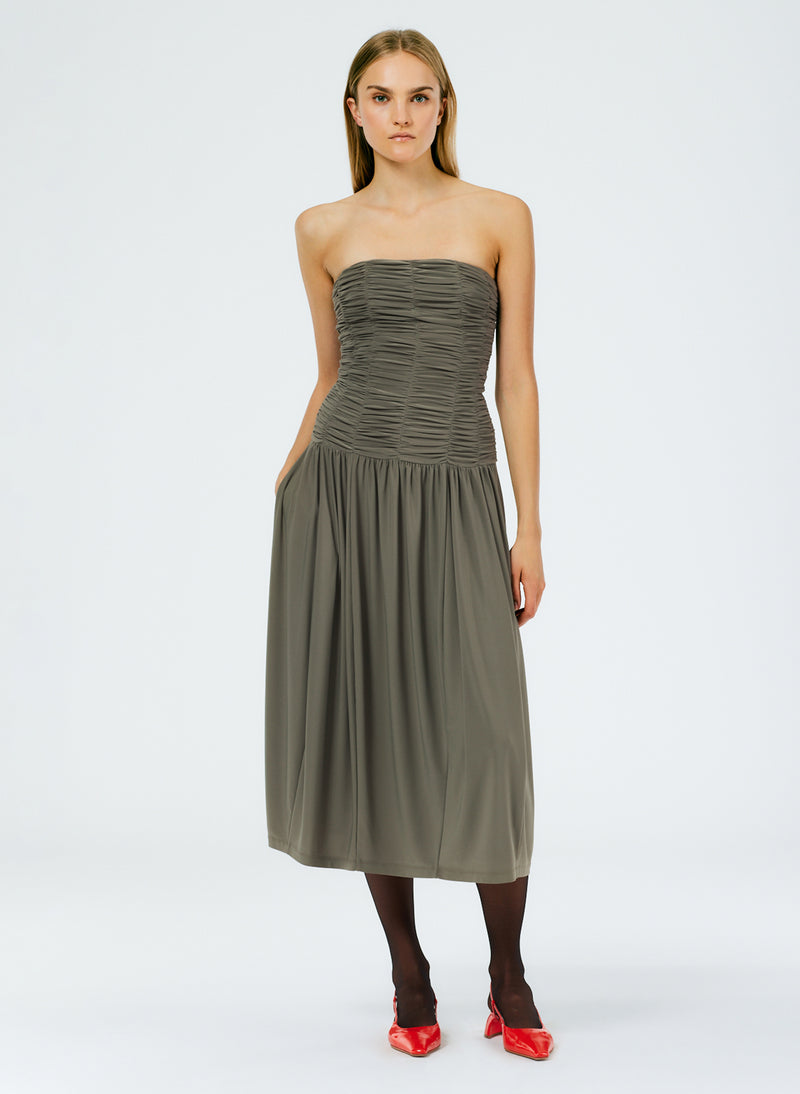 Drapey Jersey Ruched Strapless Dress Granite-1