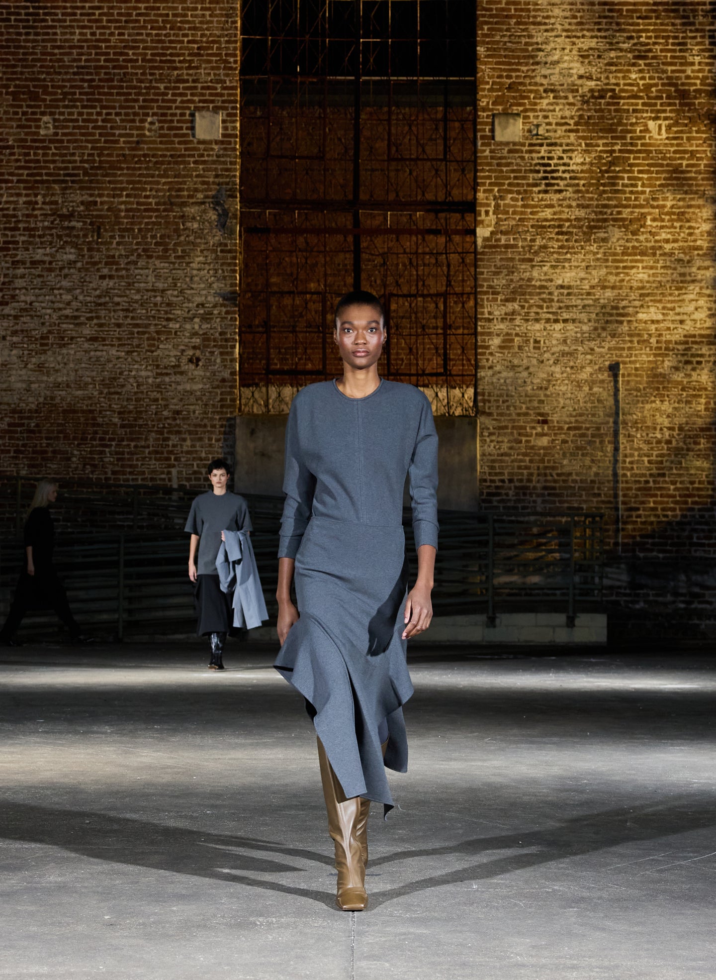 Charcoal Grey Luxe Crepe Knit Dolman Top + Skirt - editorial image on model
