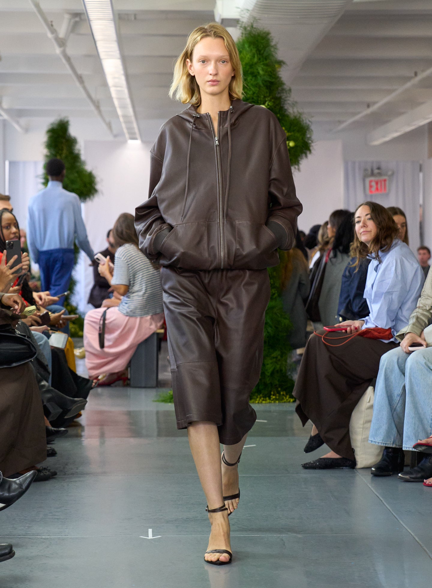 Brown Leather Zip Up Hoodie Jacket - runway shot on model