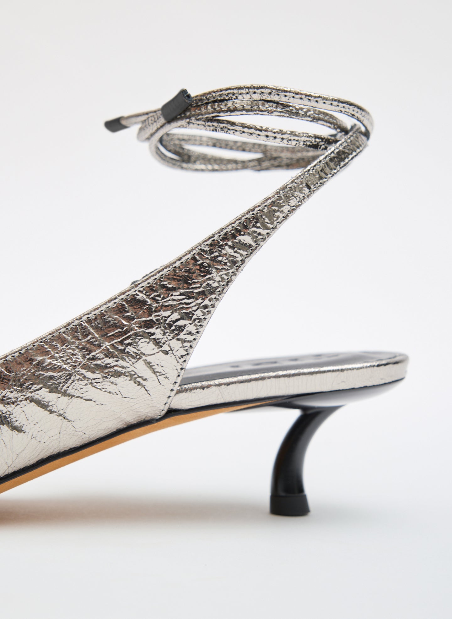 Grey Metallic Leather Keating Open Toe Low Heel - closeup of ankle tie
