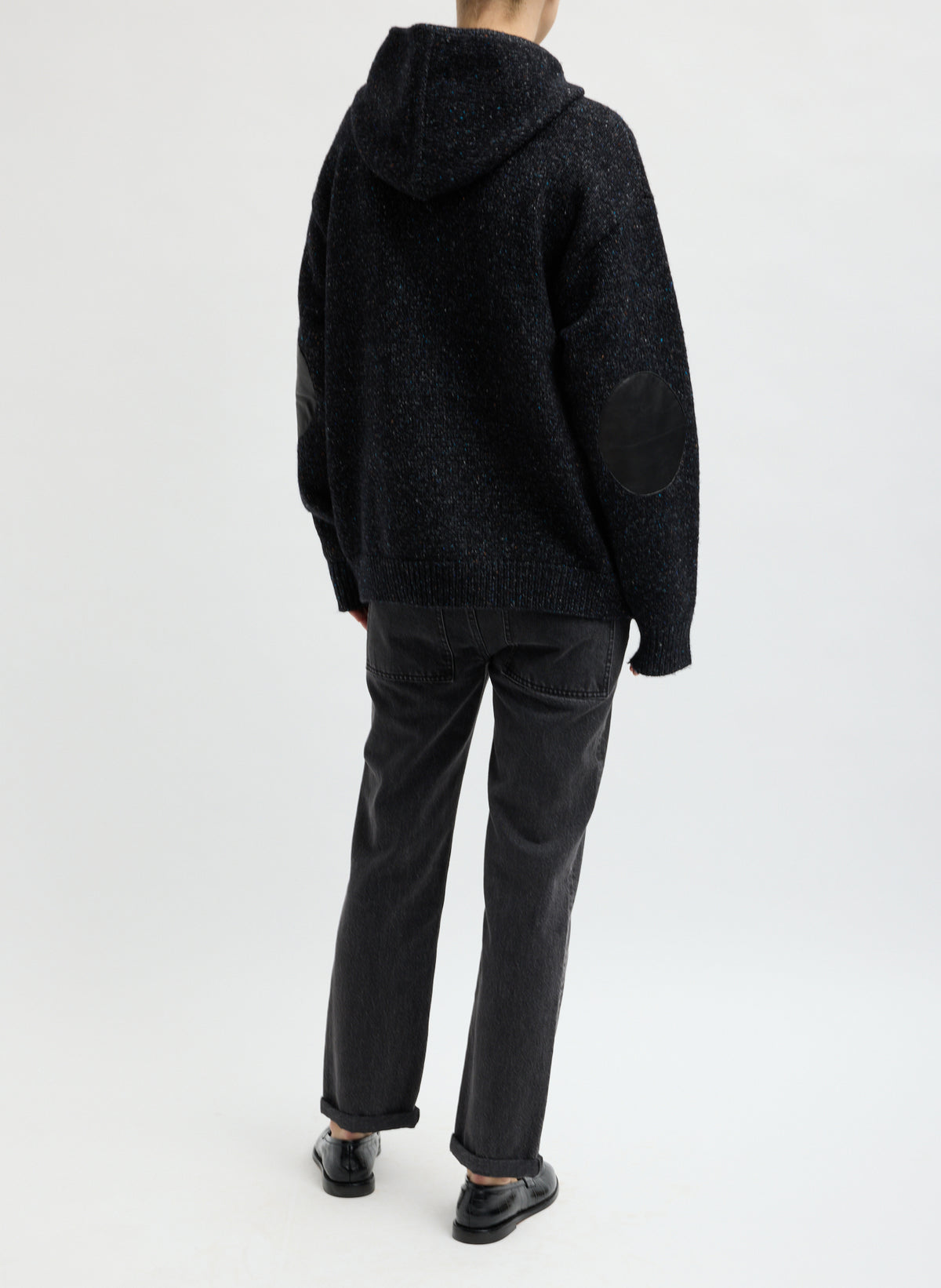 Black Multi Speckled Tweed Zip Up Hoodie Jacket with Leather Patches - back view on model
