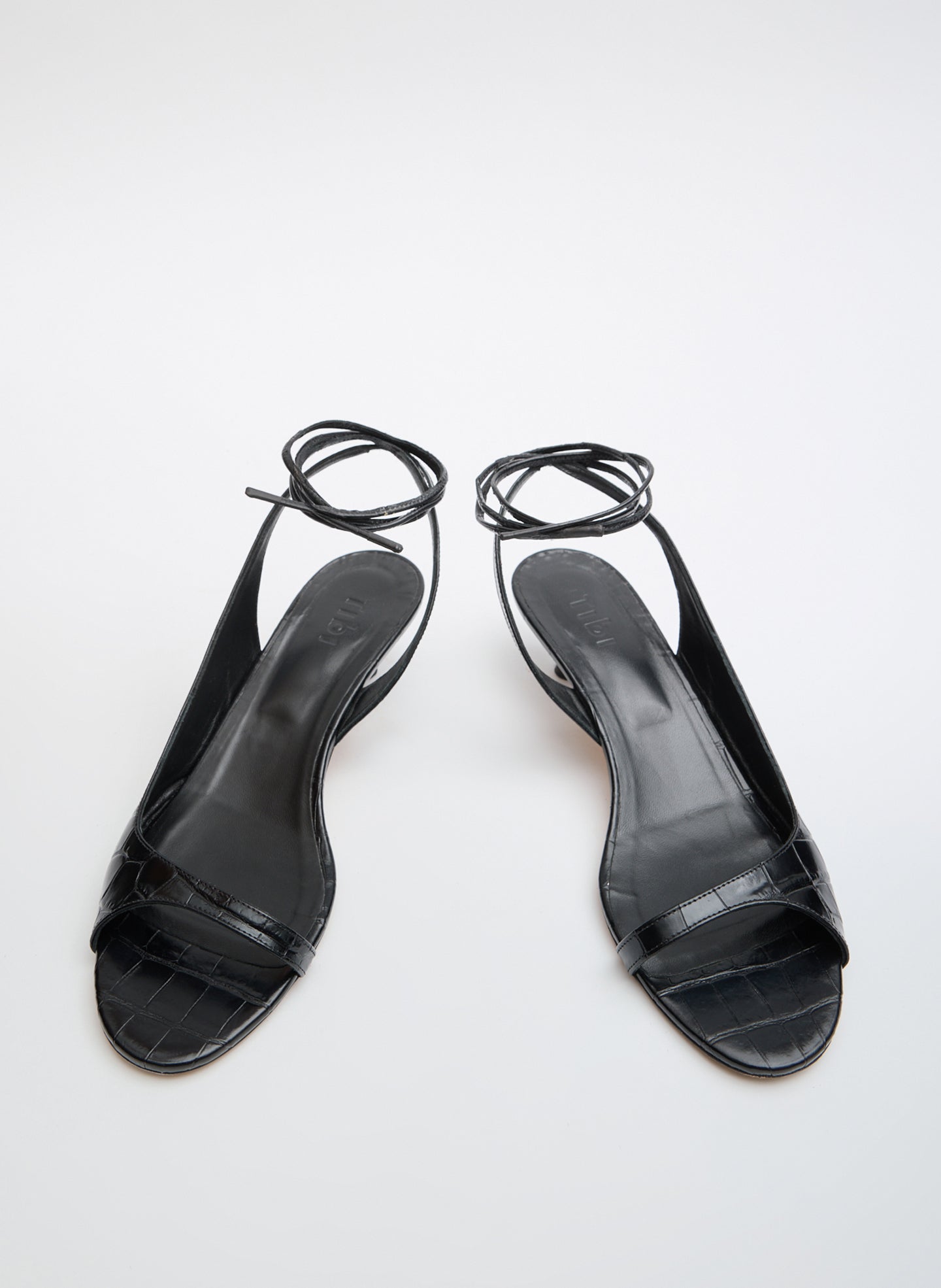 Black Crocodile Embossed Leather Open Toe Heel - front view
