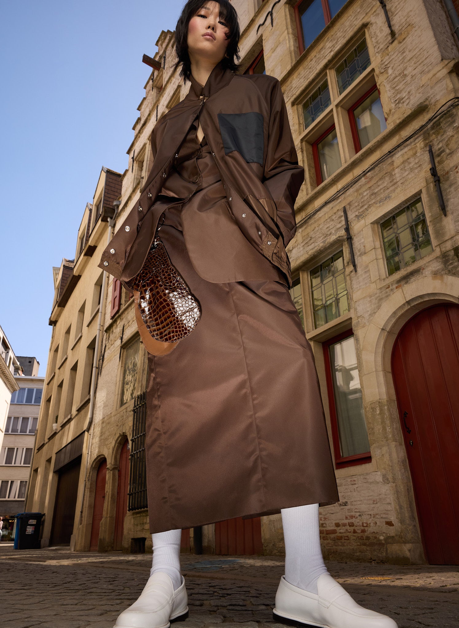 Brown Eco Nylon Midi Trouser Skirt and Bomber Blazer - editorial campaign, on model