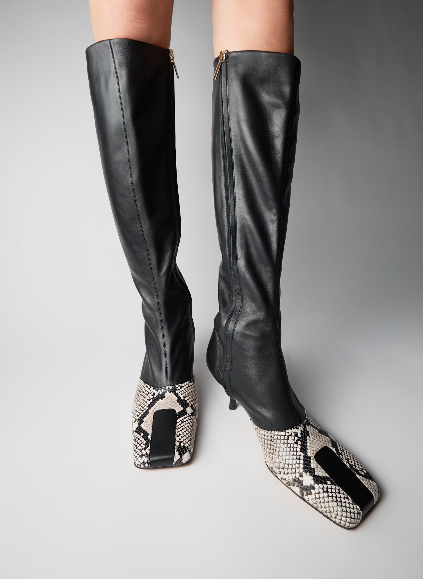 Two Tone Black and Snake Embossed Leather Brannon Heeled Boot - tall boot, on model