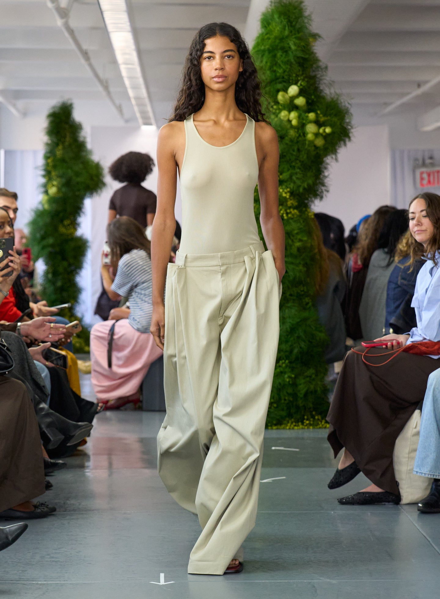 Taupe Luxe Spring Twill Tucked Pleated Wide Leg Trouser - runway shot on model