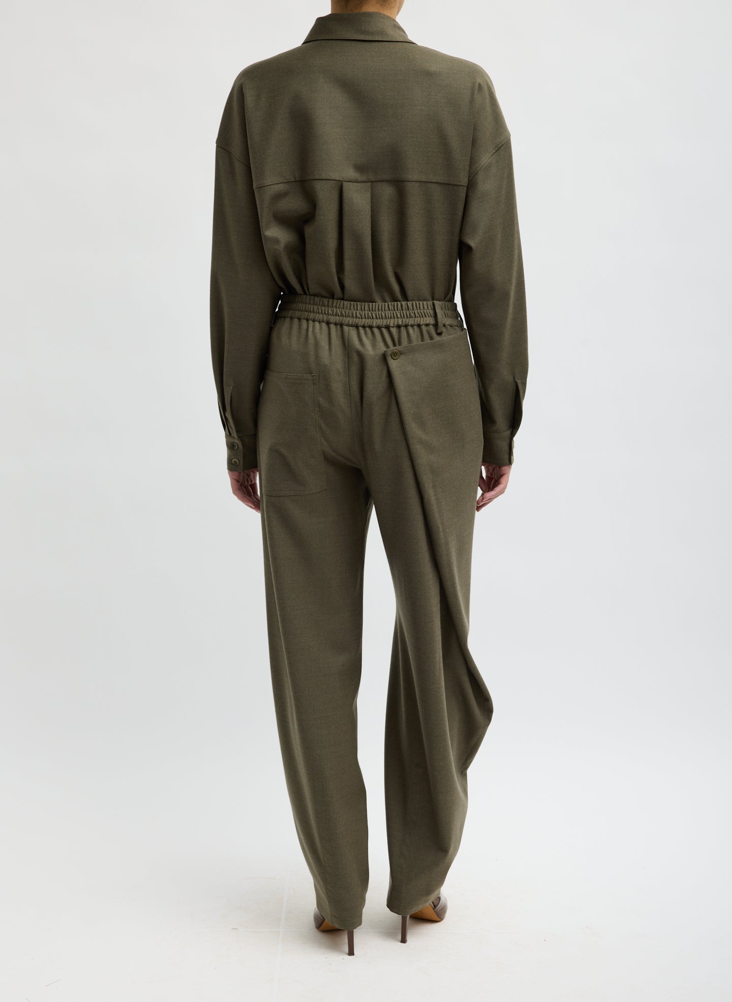 Army Green Cozy Flannel Side Drape Pant - back view on model