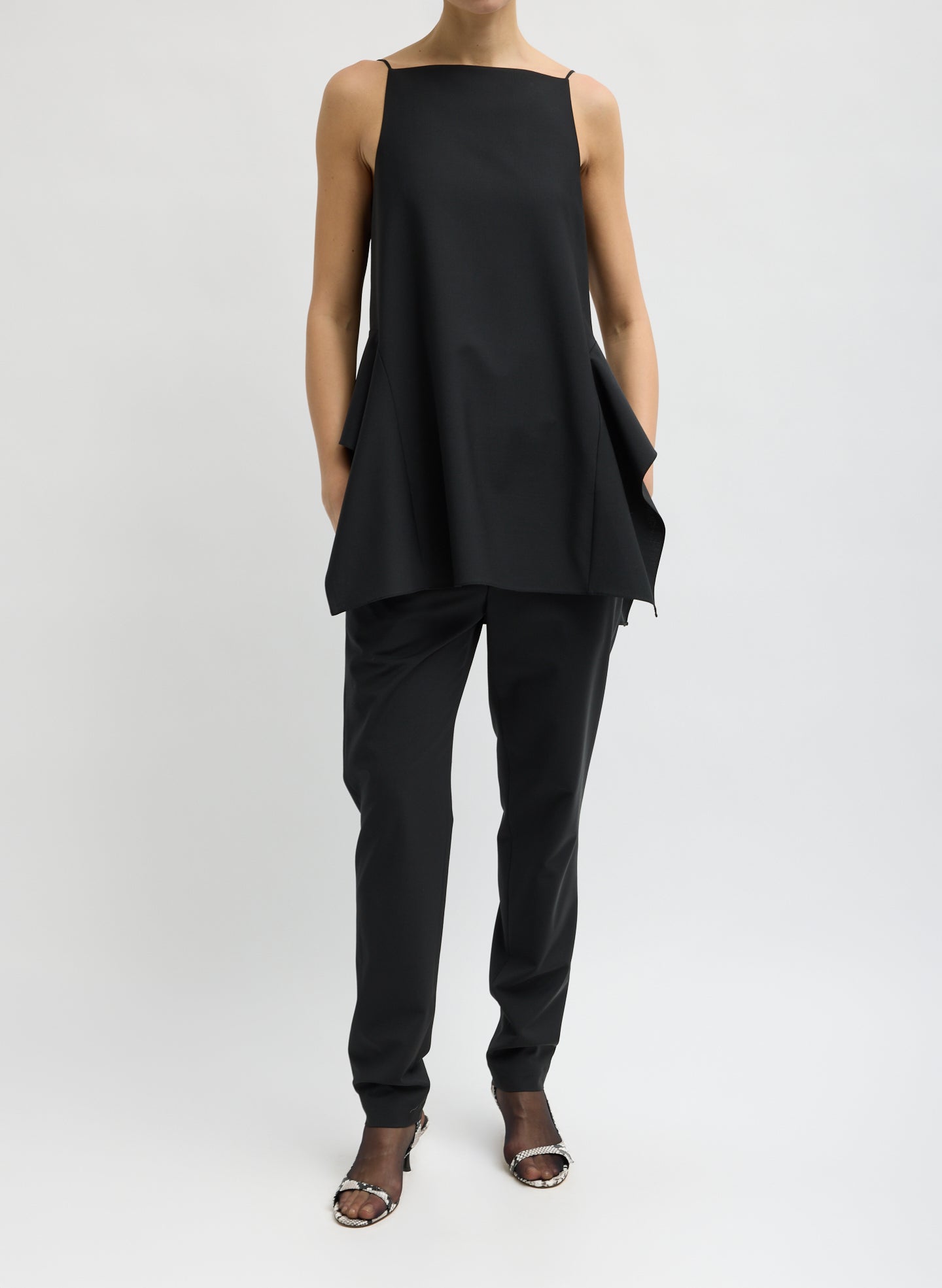 Black Recycled Tropical Wool Side Draped Top - full look, front view on model