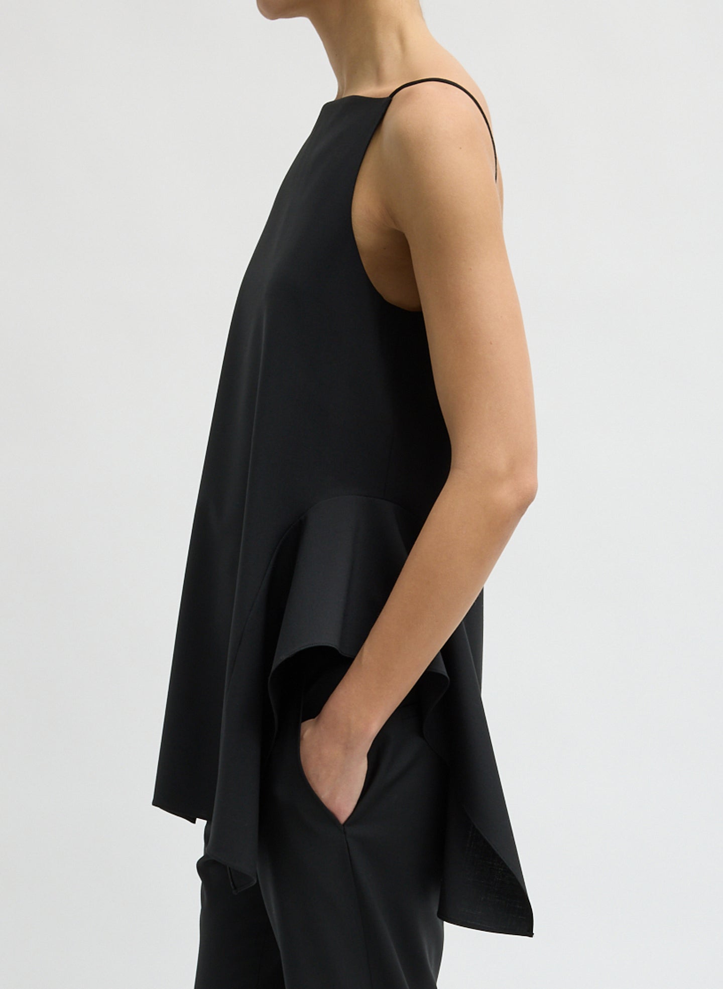 Black Recycled Tropical Wool Side Draped Top - side view on model
