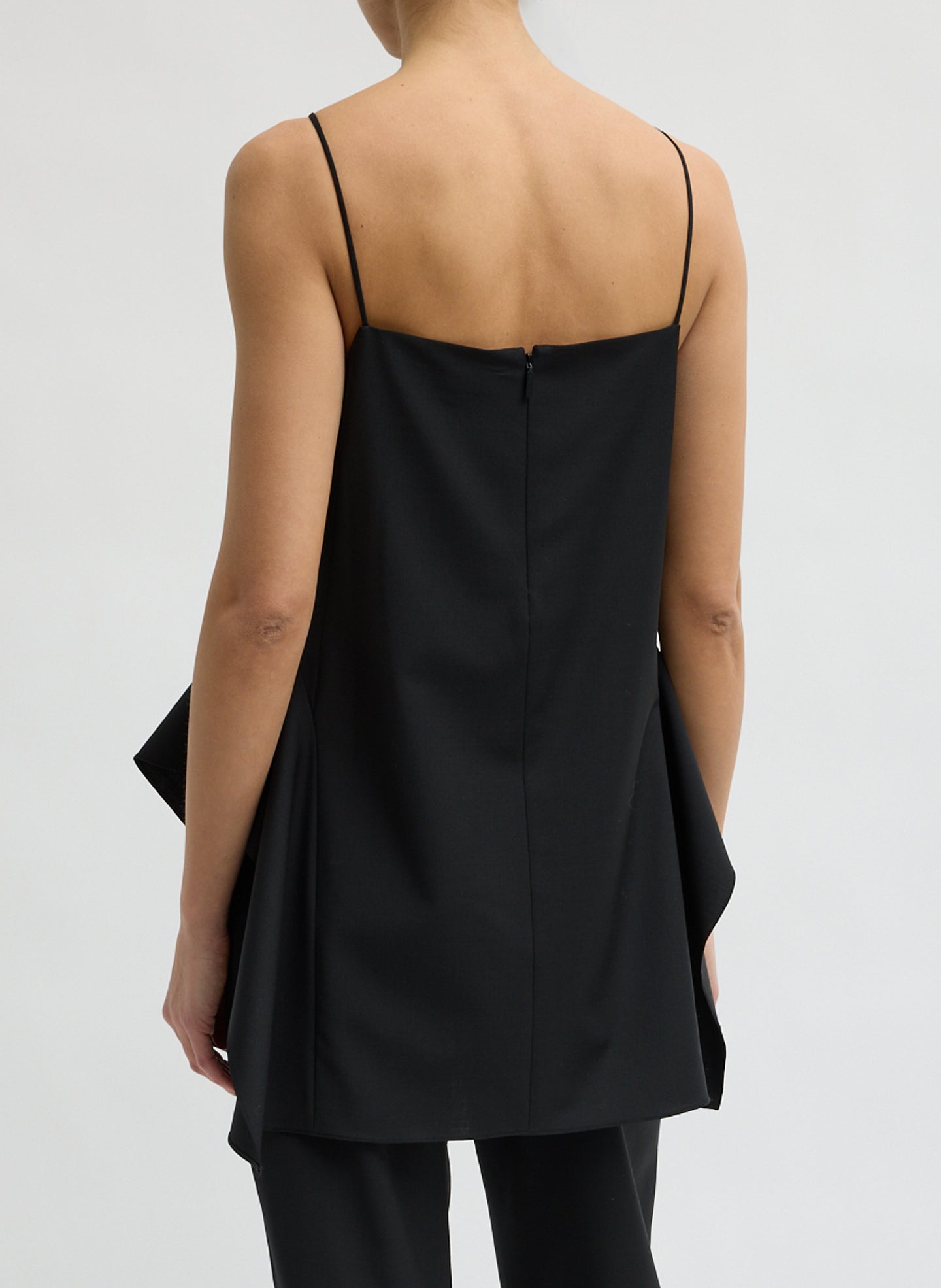 Black Recycled Tropical Wool Side Draped Top - back view on model