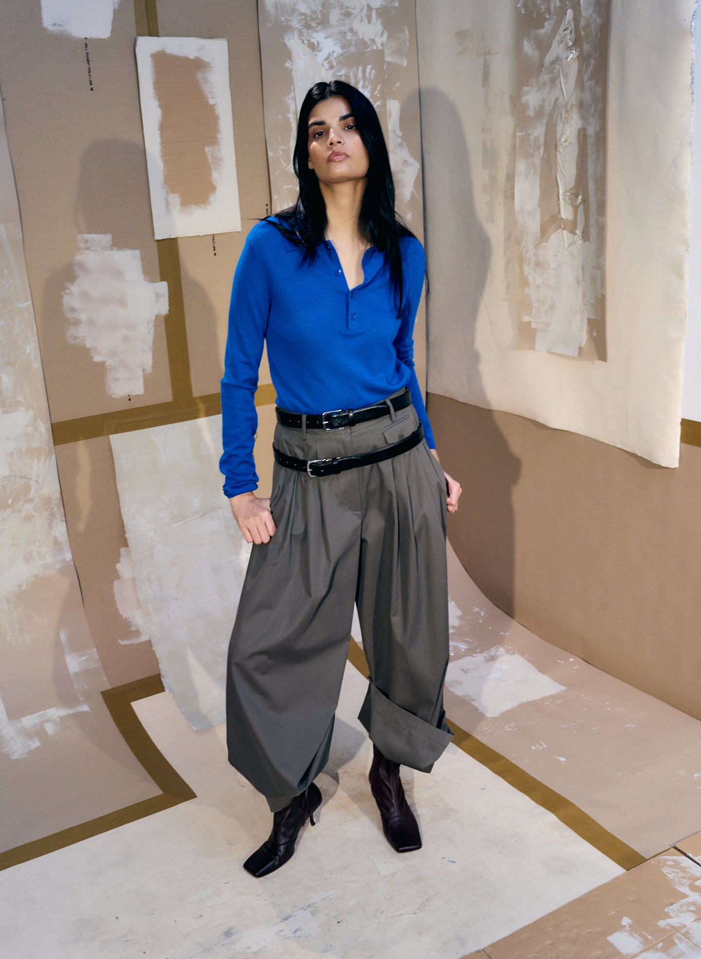 Dark Stone Grey Bio Twill Triple Pleat Pant - pleated wide leg trouser, editorial image on model