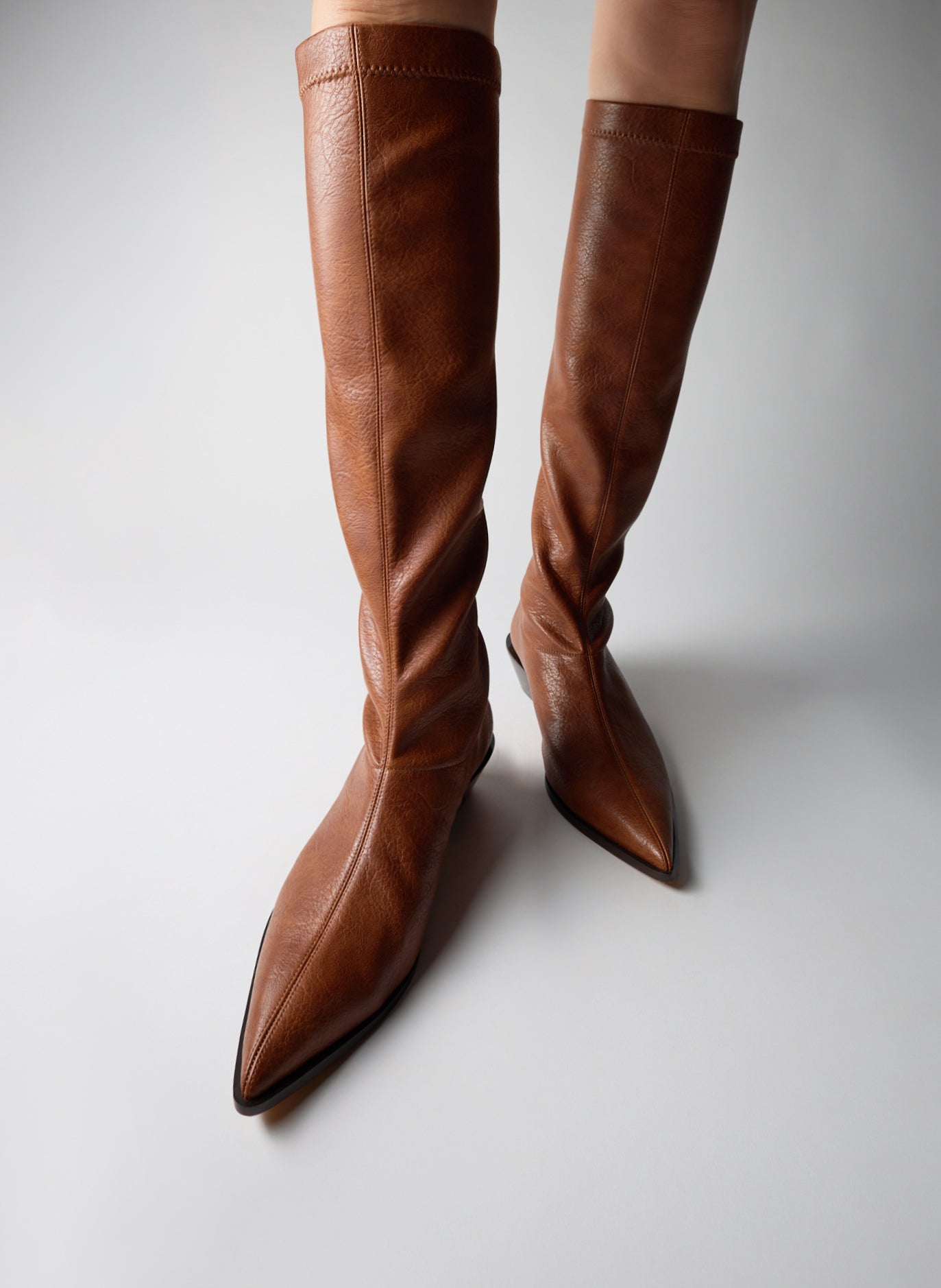 Cognac Brown Faux Leather Bronson Boot - tall boot, pointed toe - on model