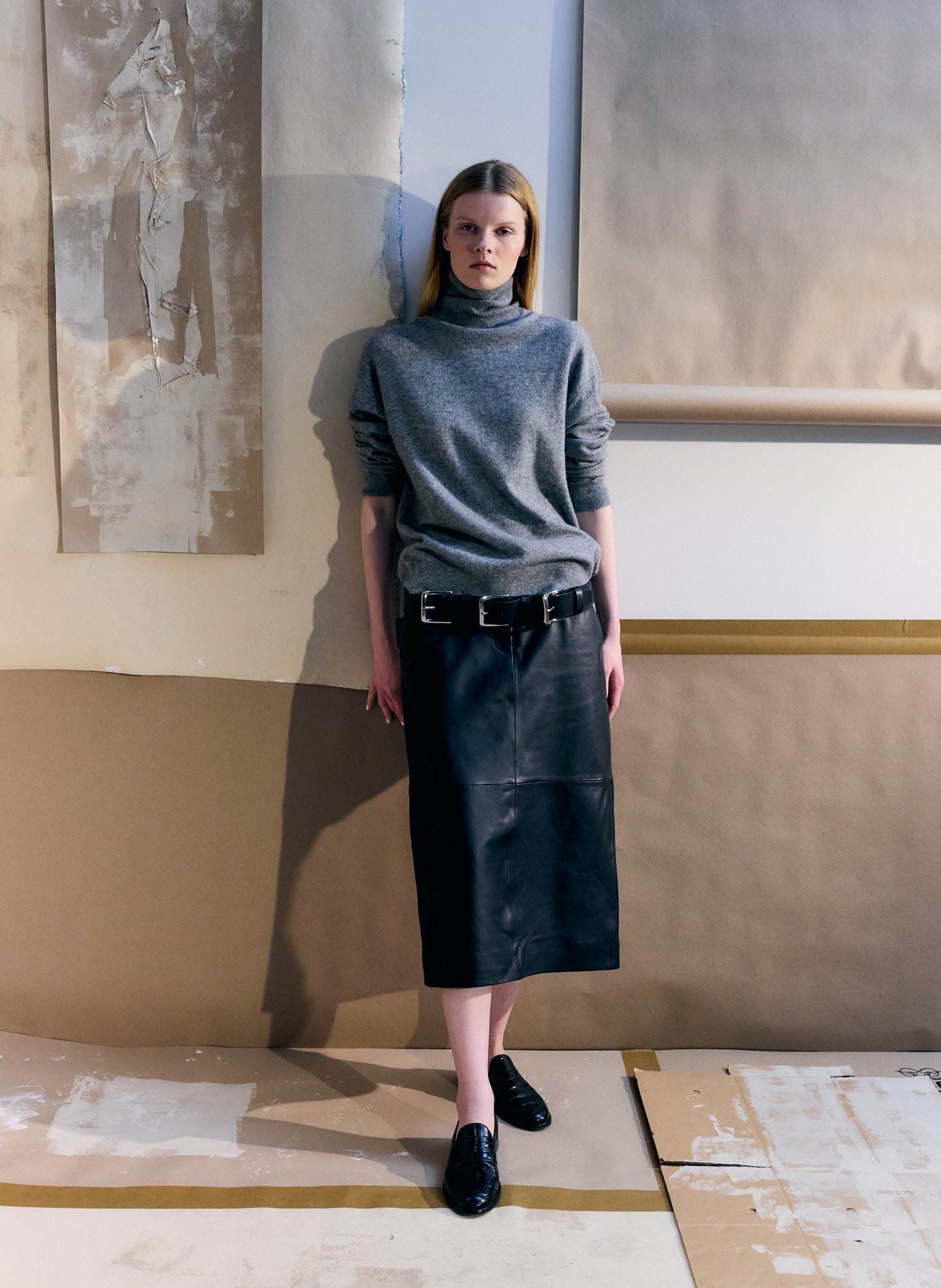 Heather Grey Washable Cashmere Turtleneck Sweater - oversized turtleneck, editorial image on model