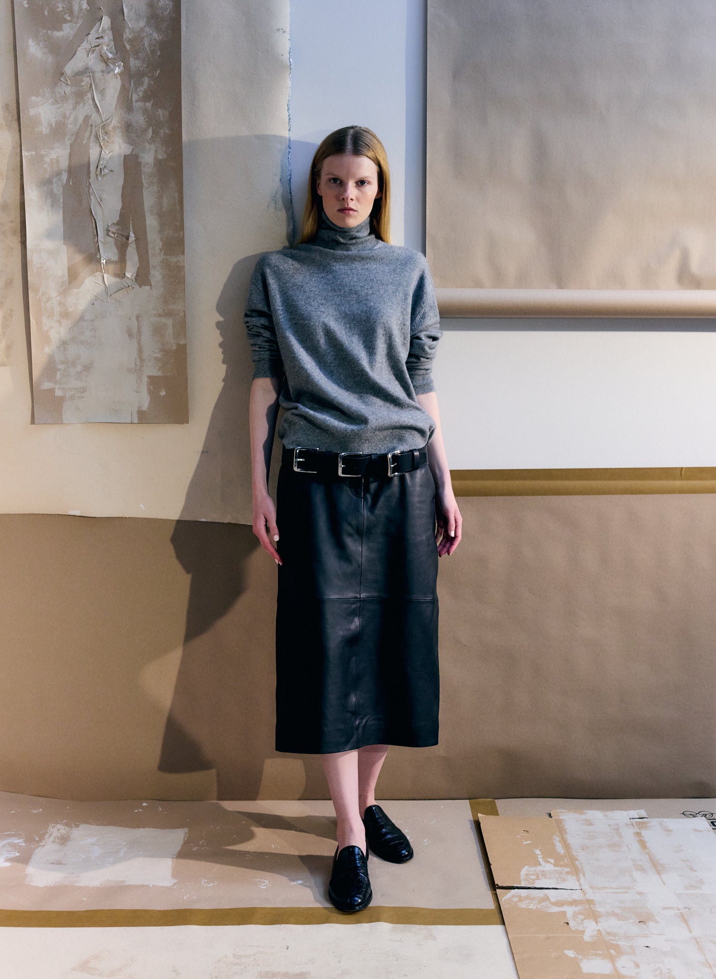 Black Leather Midi Trouser Skirt - editorial image on model