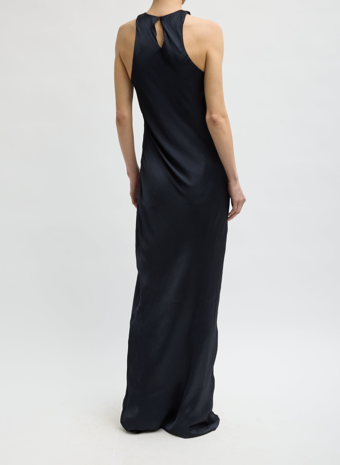 Navy Matte Satin Plisse Maxi Bias Dress - back view on model