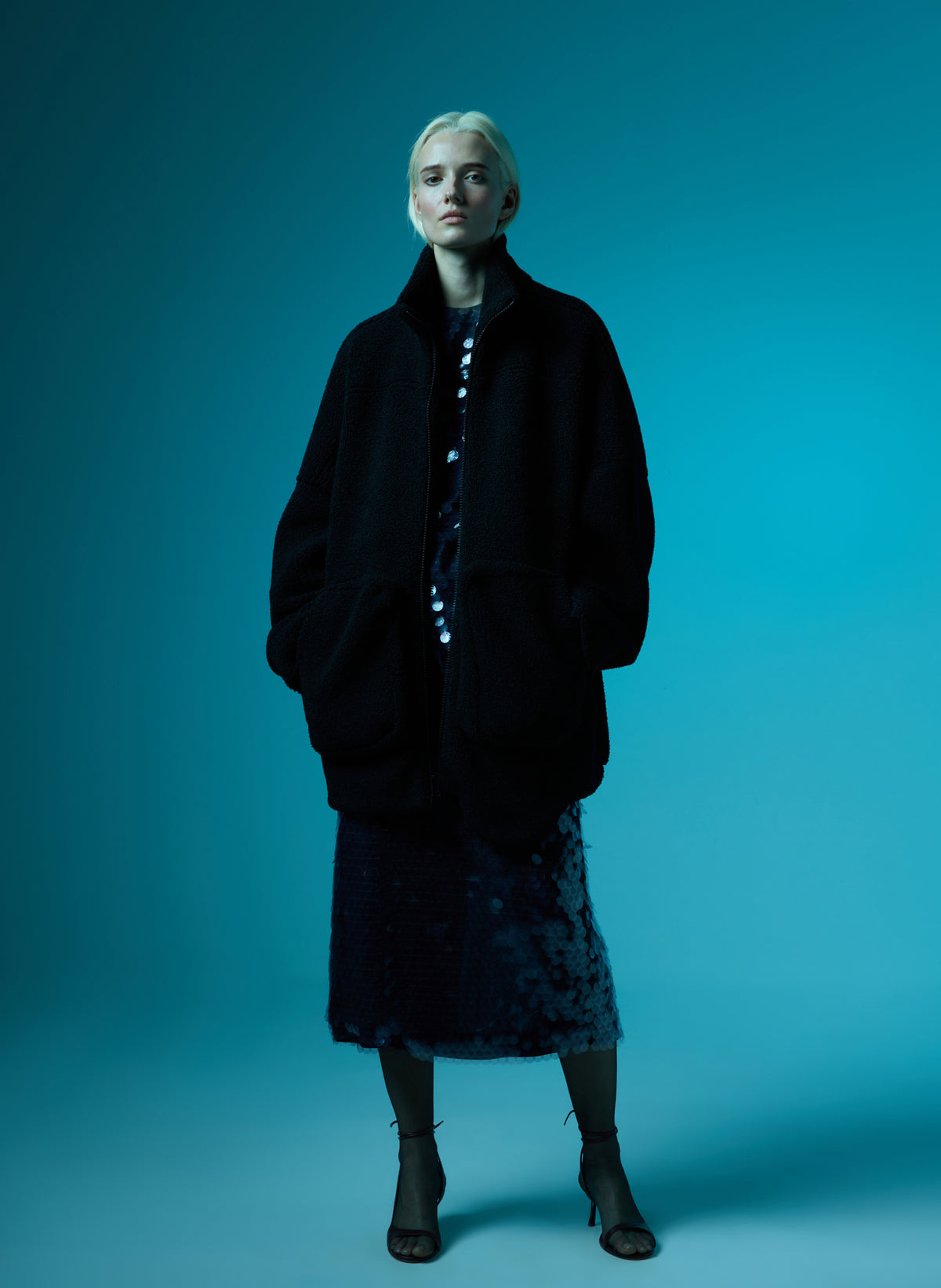 Black Cozy Fleece Zip Up Bomber Jacket - editorial image on model