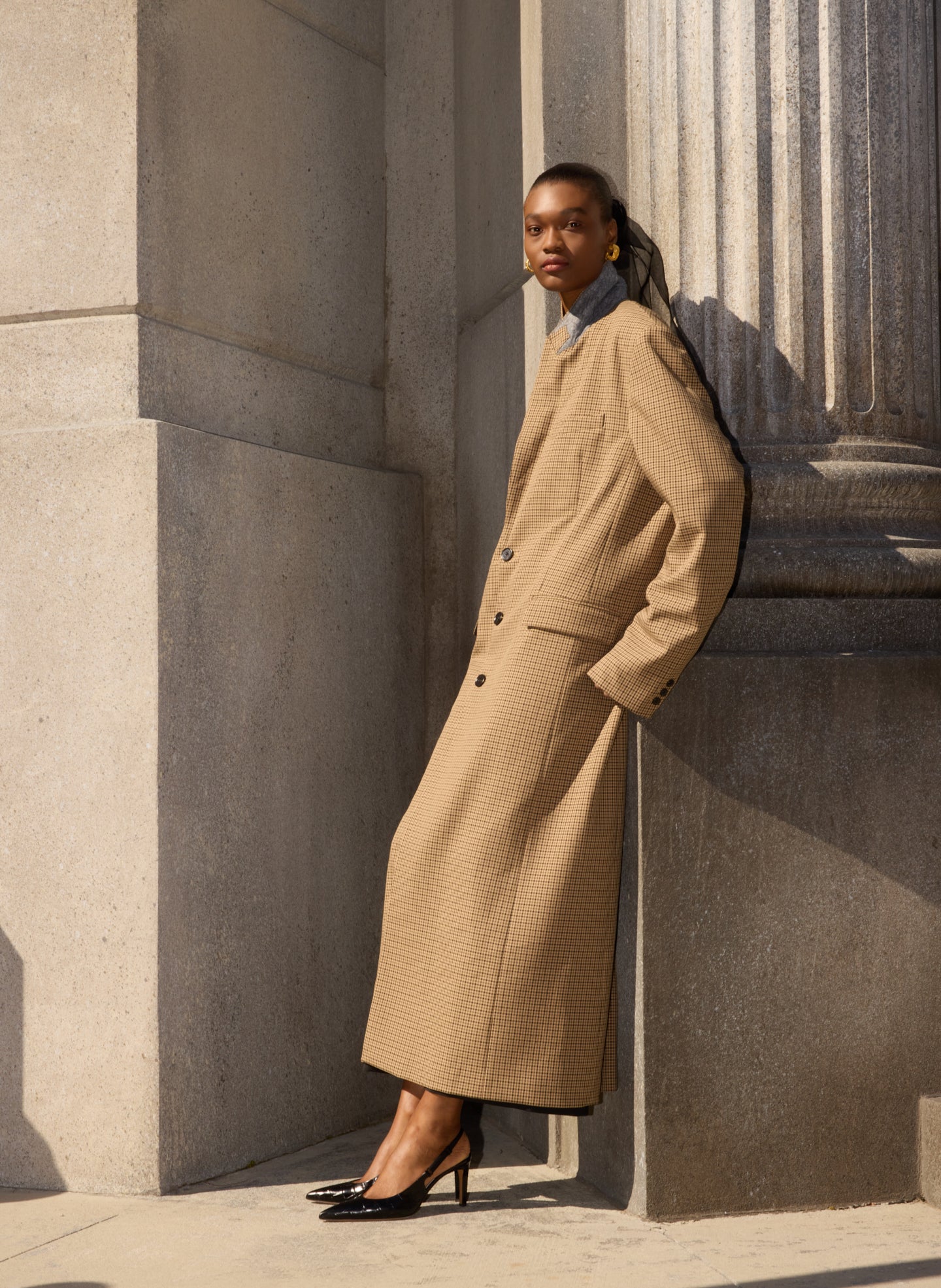 Cedar Multi Tan Menswear Tech Twill Tailored Men's Maxi Coat - editorial image on model