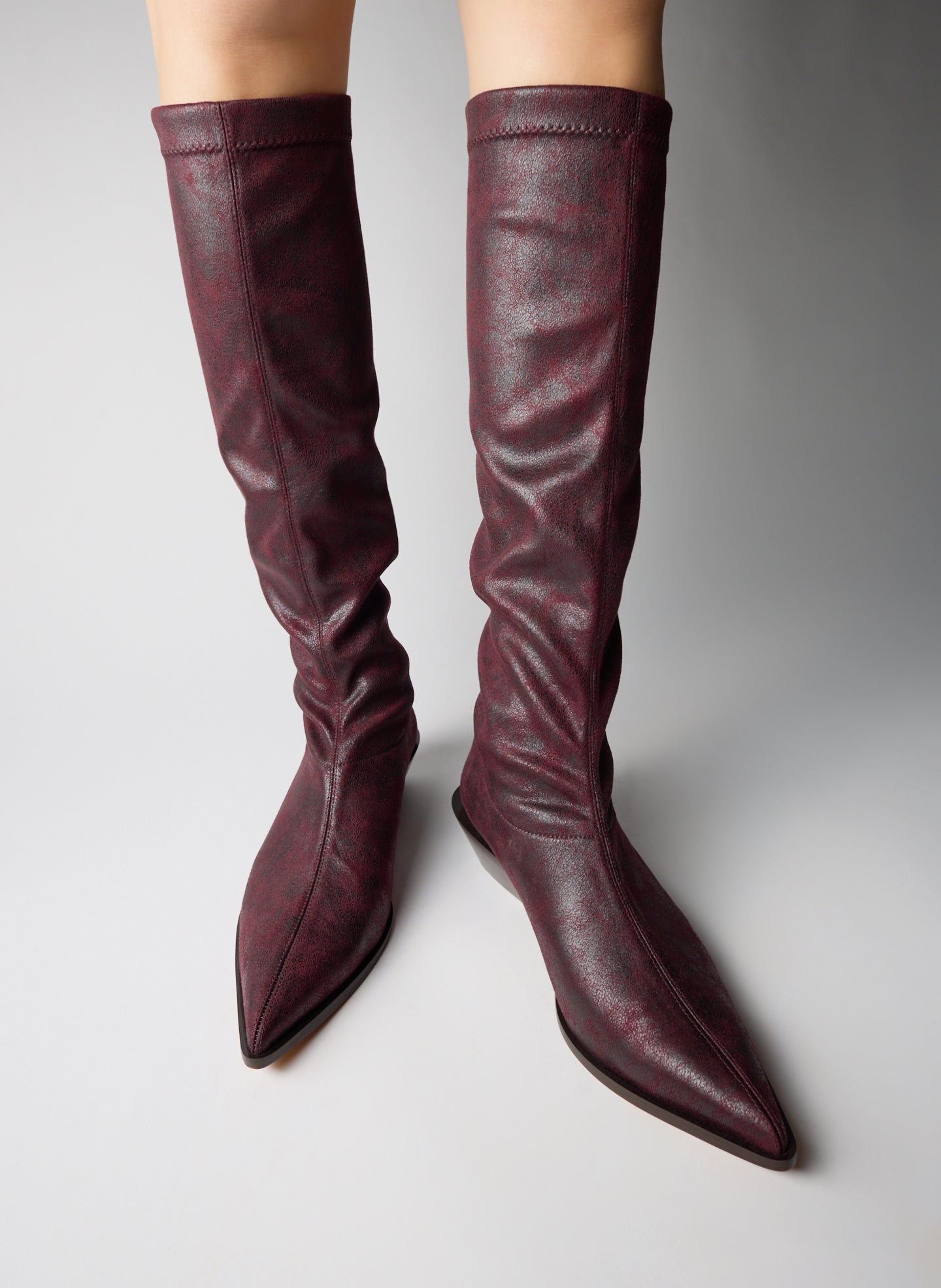 Burgundy Wine Distressed Bronson Boot - high, pointed toe boot - on model