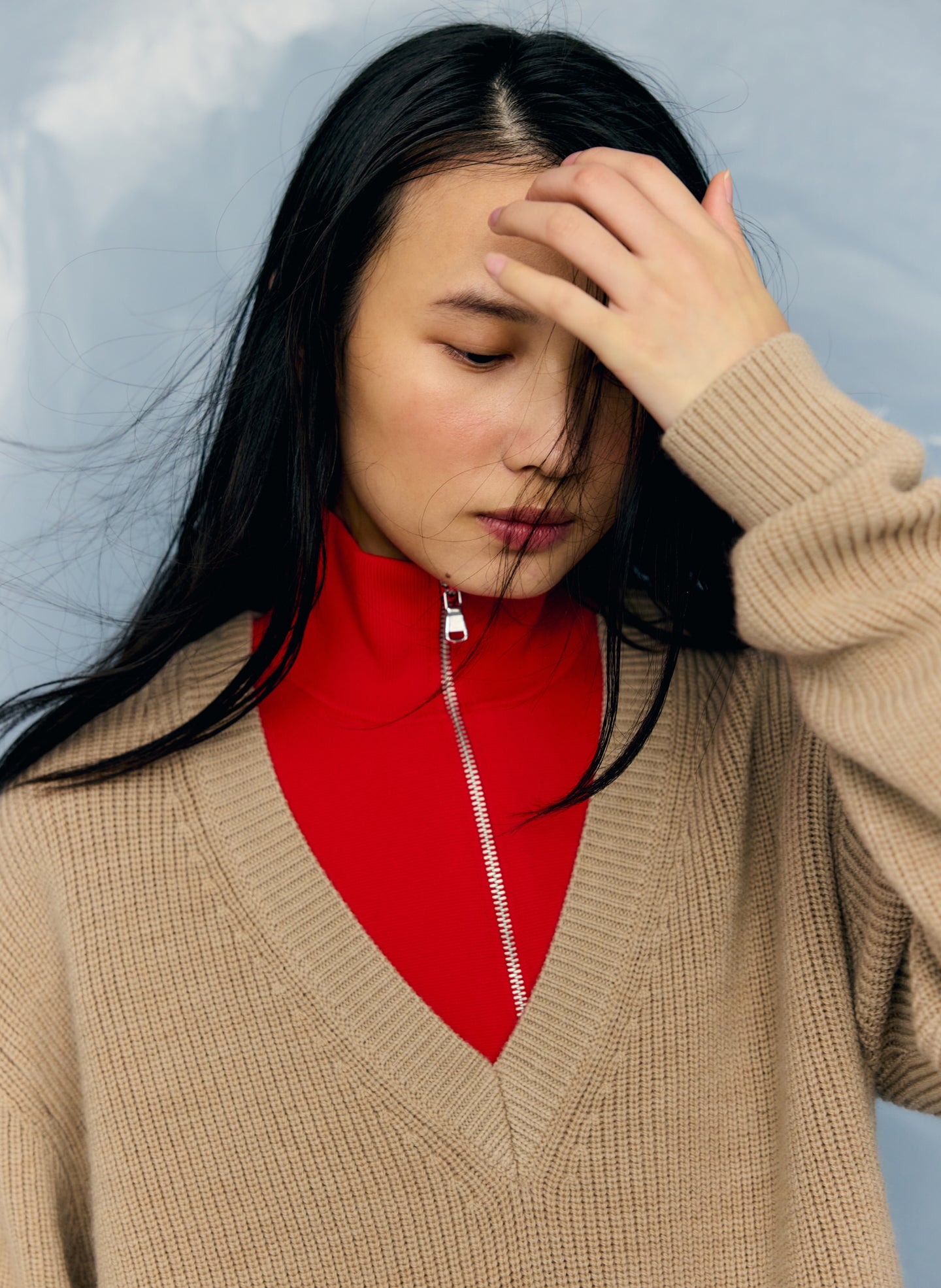 Beige Latte Cardigan Stitch V-Neck With Removable Dickie - editorial campaign on model