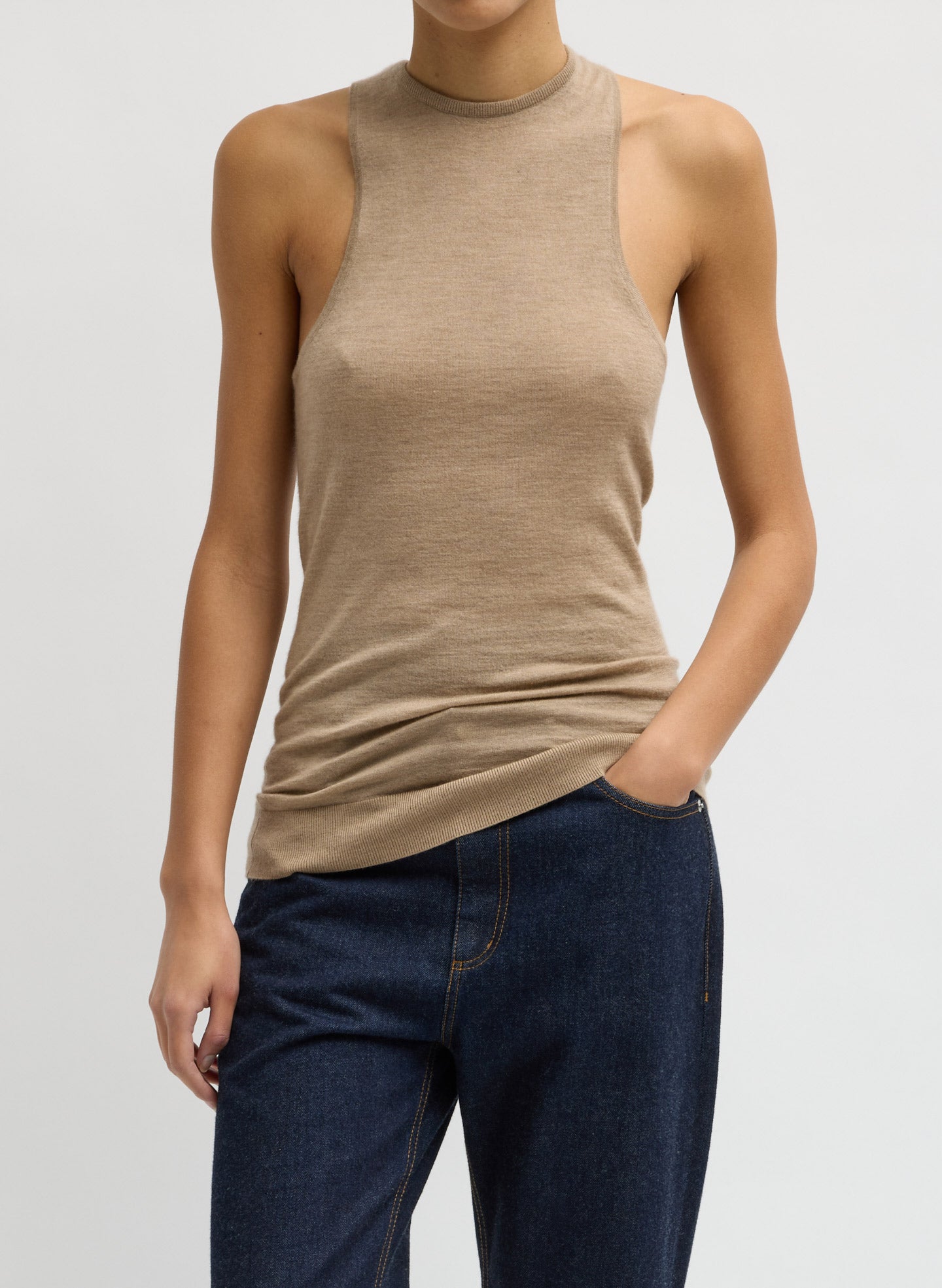 Beige Tissue Cashmere Tank - tan cashmere tank top, front view on model