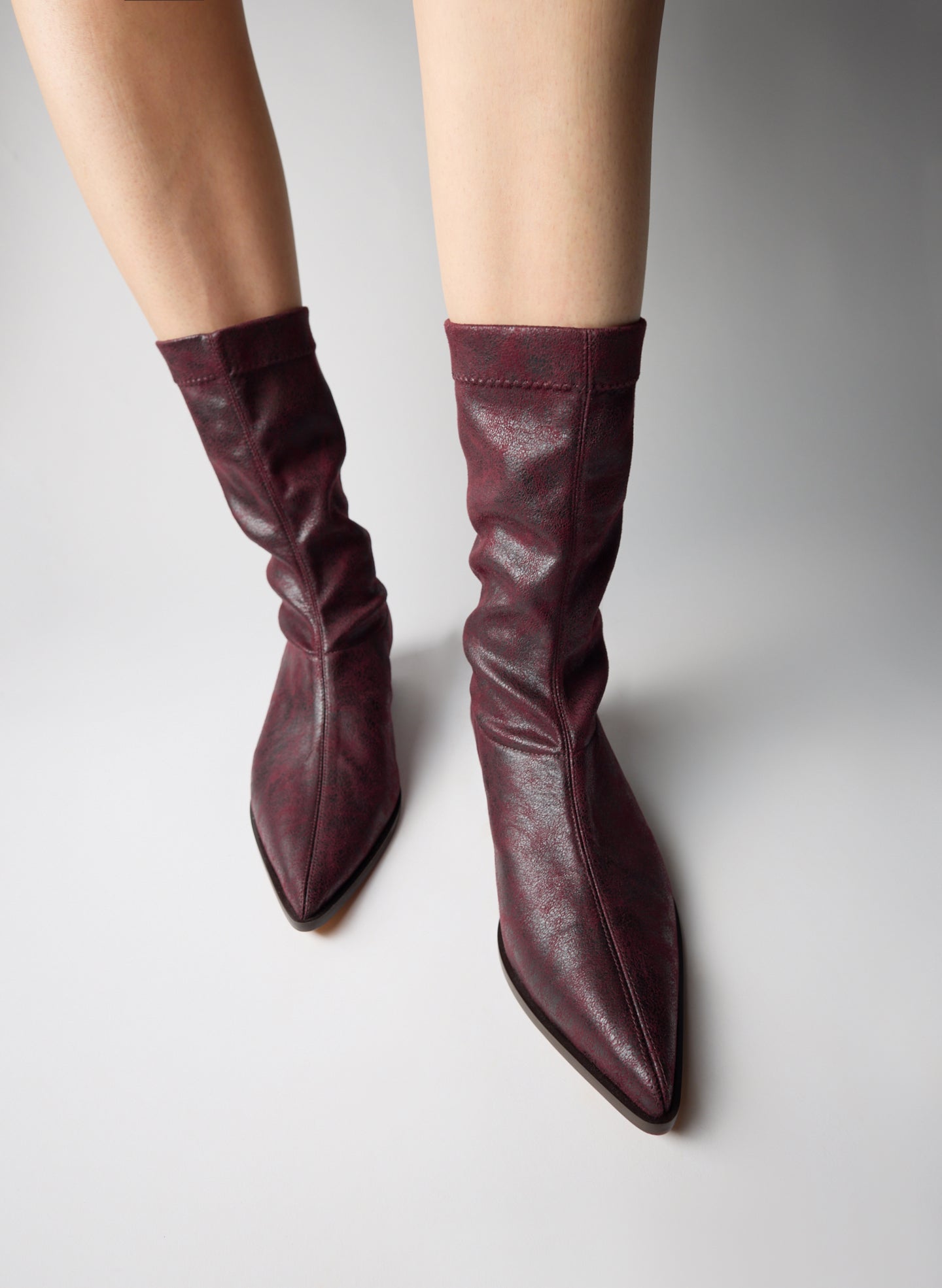 Wine Faux Leather Leo Boot - short ankle boot, pointed toe, on model