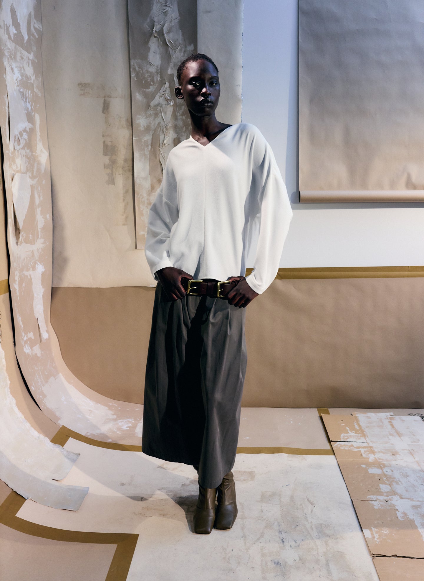 White Mica Crepe V-Neck Top - editorial image on model