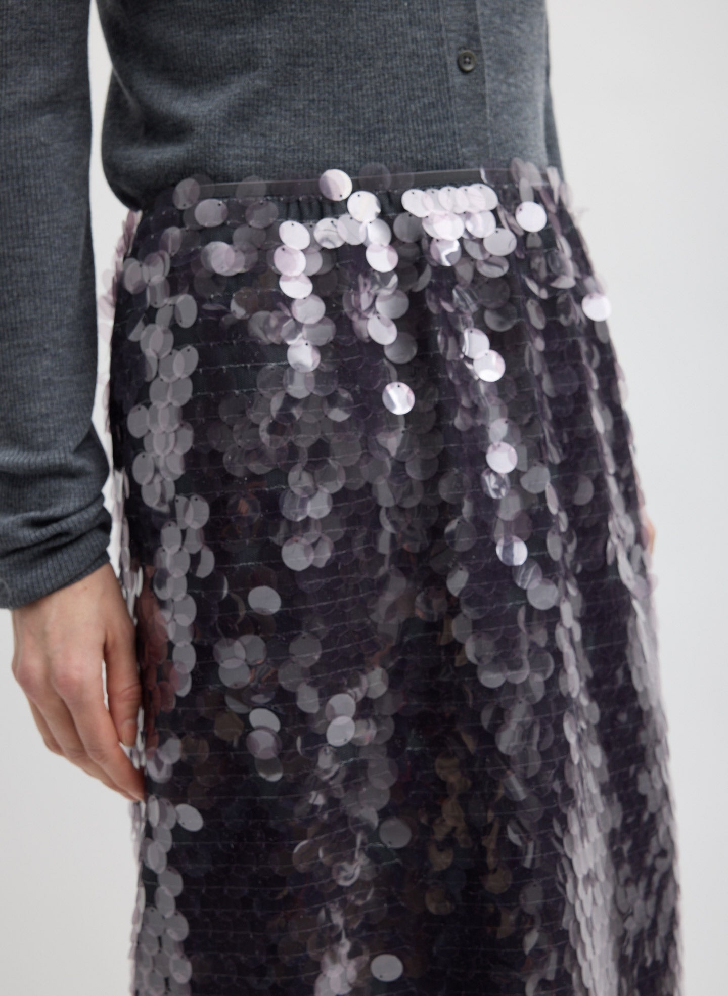 Lavender Grey Pastille Slip Skirt - closeup of sequin details