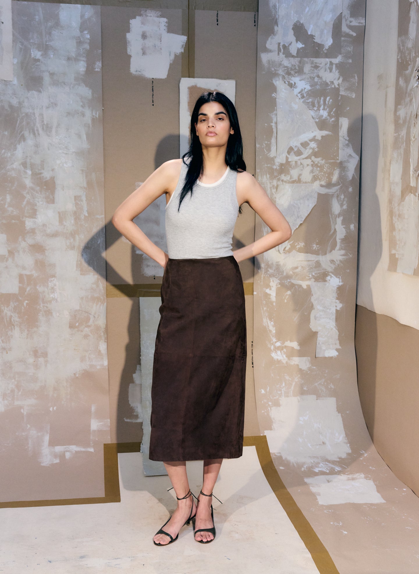 Brown Suede Pencil Skirt - suede midi skirt, editorial image on model