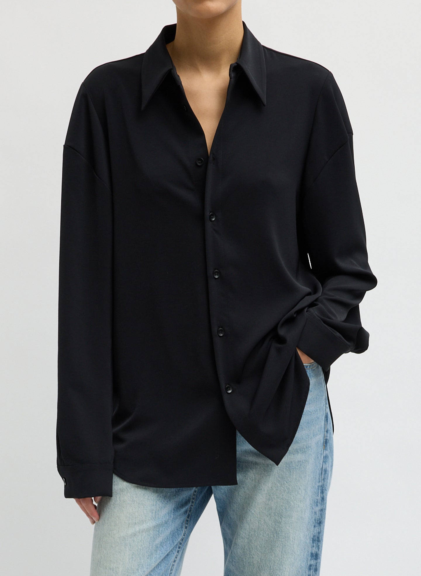 Black Soft Drape Hinged Shirt - button down shirt, front view on model