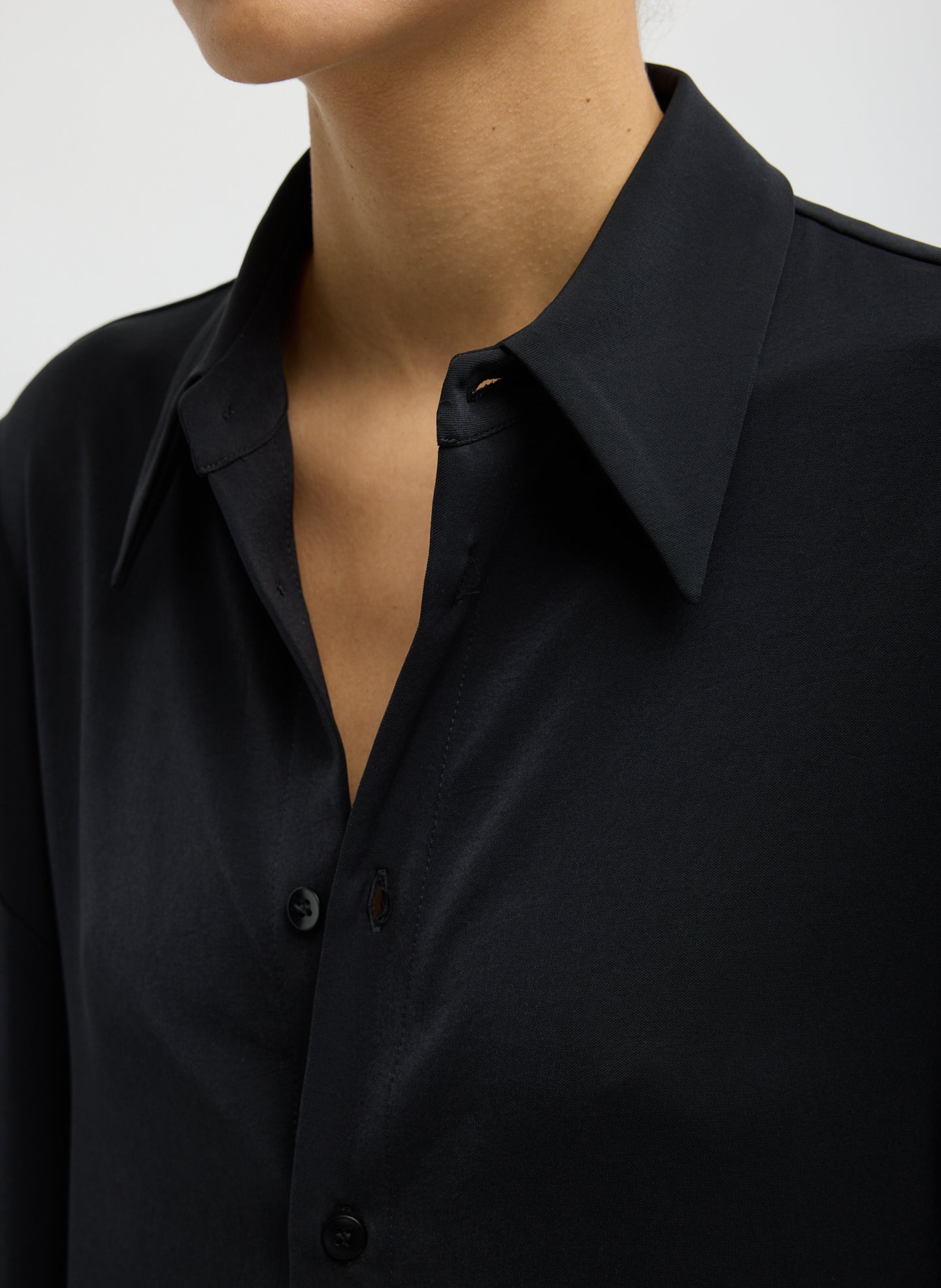 Black Soft Drape Hinged Shirt -closeup of collar detail