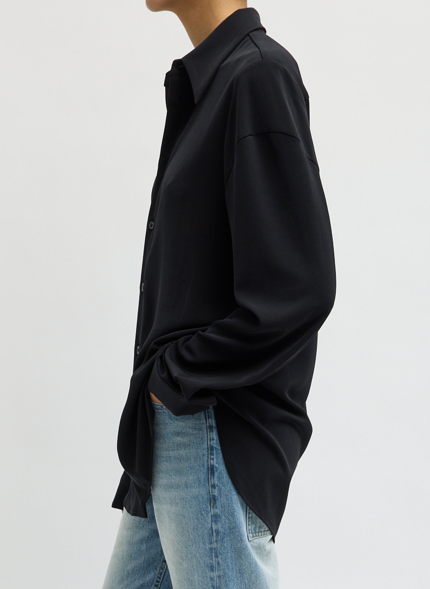 Black Soft Drape Hinged Shirt - button down shirt, side view on model