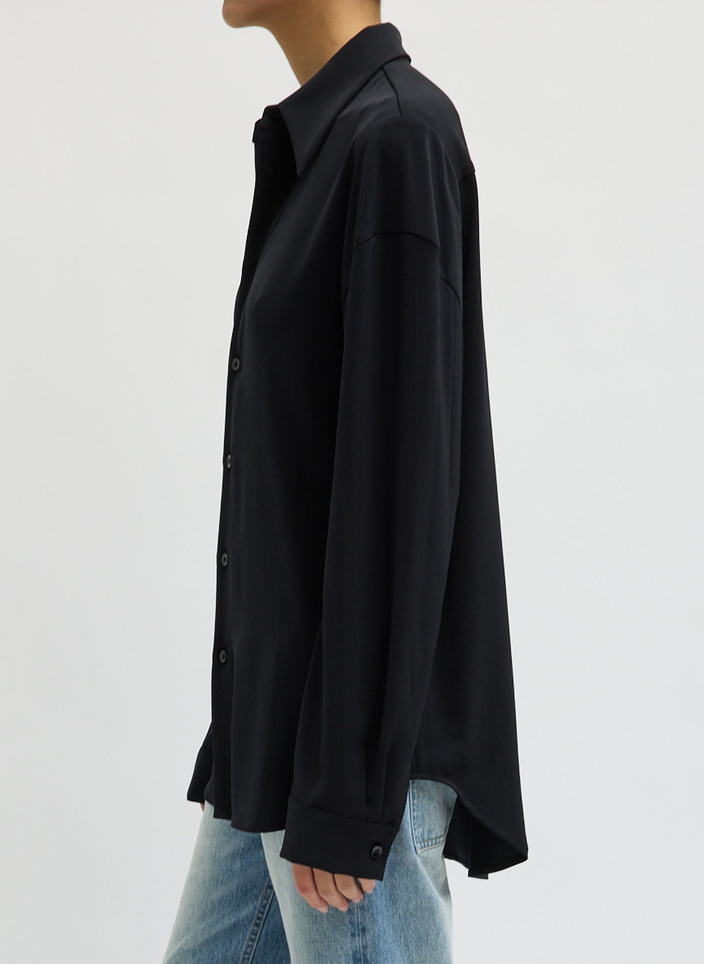 Black Soft Drape Hinged Shirt - button down shirt, side view on model