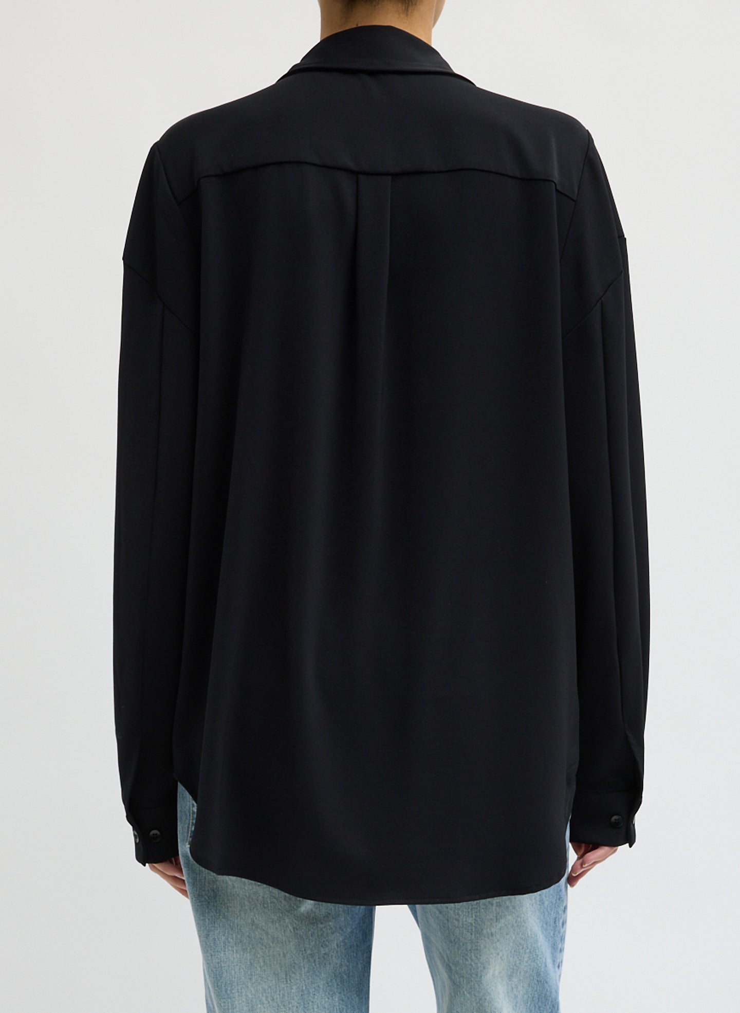 Black Soft Drape Hinged Shirt - button down shirt, back view on model