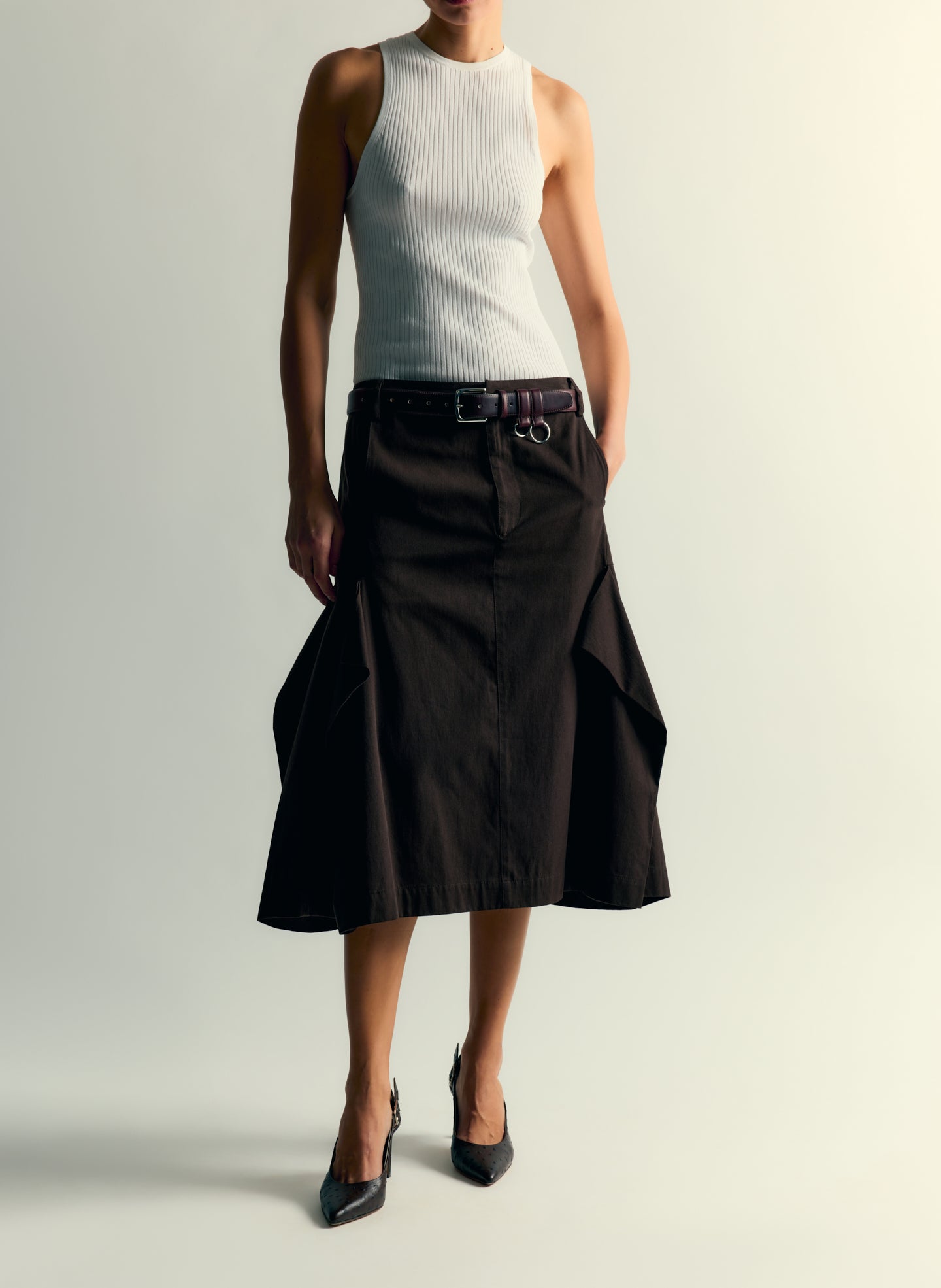 Hickory Brown Luxe Spring Twill Tucked Pleat Skirt - editorial campaign on model